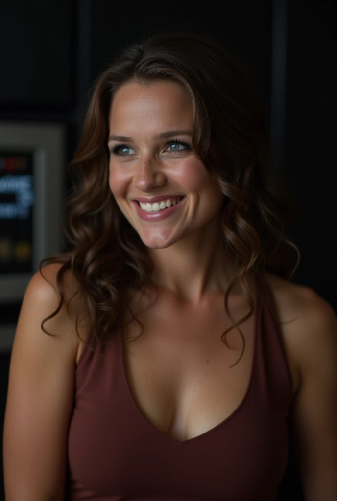 Beautiful tanned naked woman, Hayley Atwell, blue leather thigh boots, (short pixie hair), detailed eyes, (detailed realistic face), blush, confident smile, highly detailed, sitting on a chair with legs wide open, (camera far away), photo , High Detail, Sharp focus, dramatic, photorealistic, strong sunlight. massive 70 inch saggy breasts, collar, large red lips, ((full body))