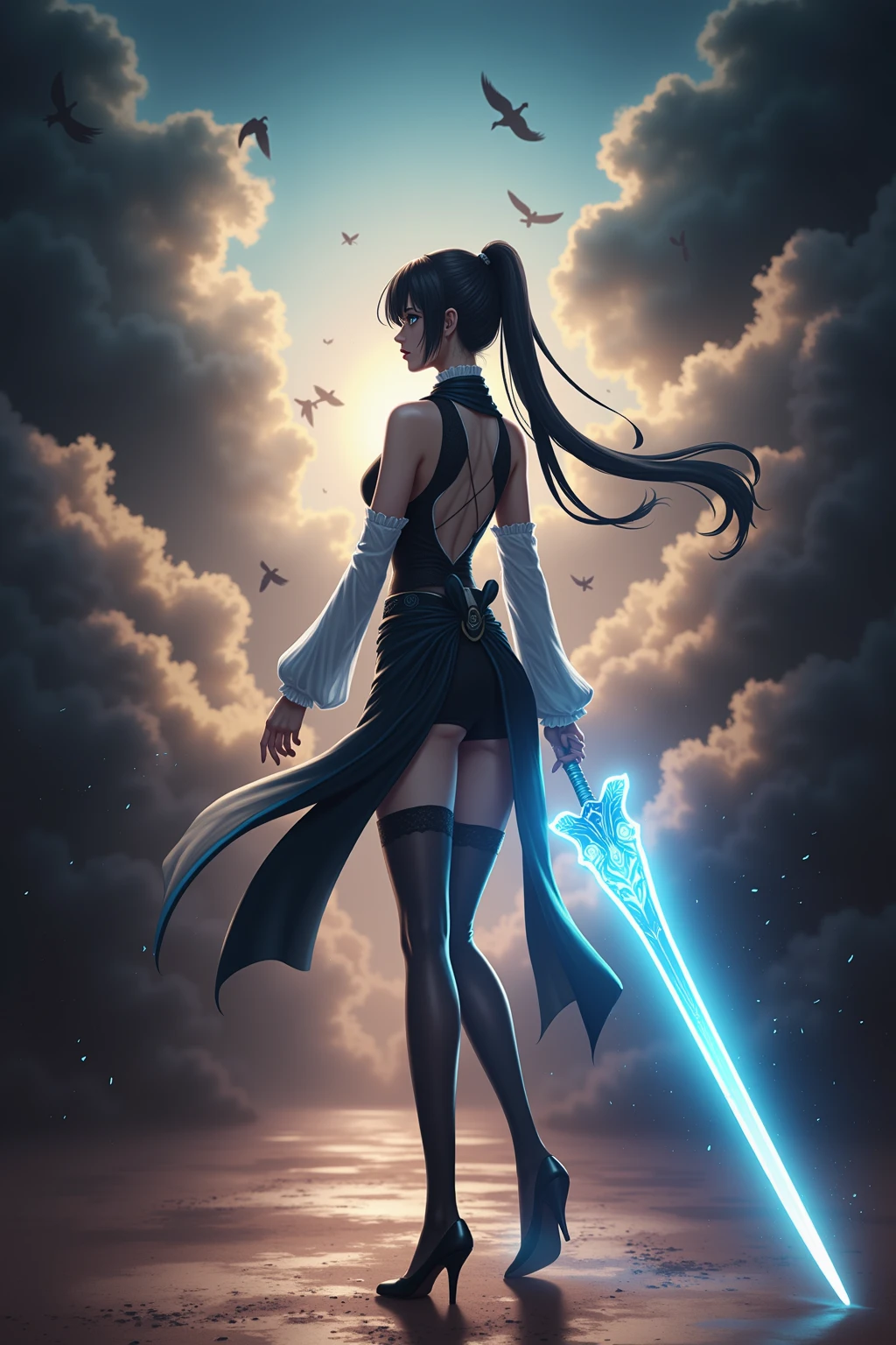 In a glamorous portrait with anime-style elements, a striking female character stands with her back to the viewer, exuding an enigmatic aura. She holds a large, ornately designed sword that glows with a serene blue light, casting an ethereal glow over her flowing white and black attire, which includes sheer, form-fitting sections that hint at her graceful form. Dark, turbulent clouds fill the background, along with silhouettes of birds in flight, enhancing the mystical atmosphere. The soft, diffused lighting bathes her skin in a luminous sheen, while the warm tones of the scene contrast beautifully with the cool blue accents, creating a visually enchanting and captivating image.