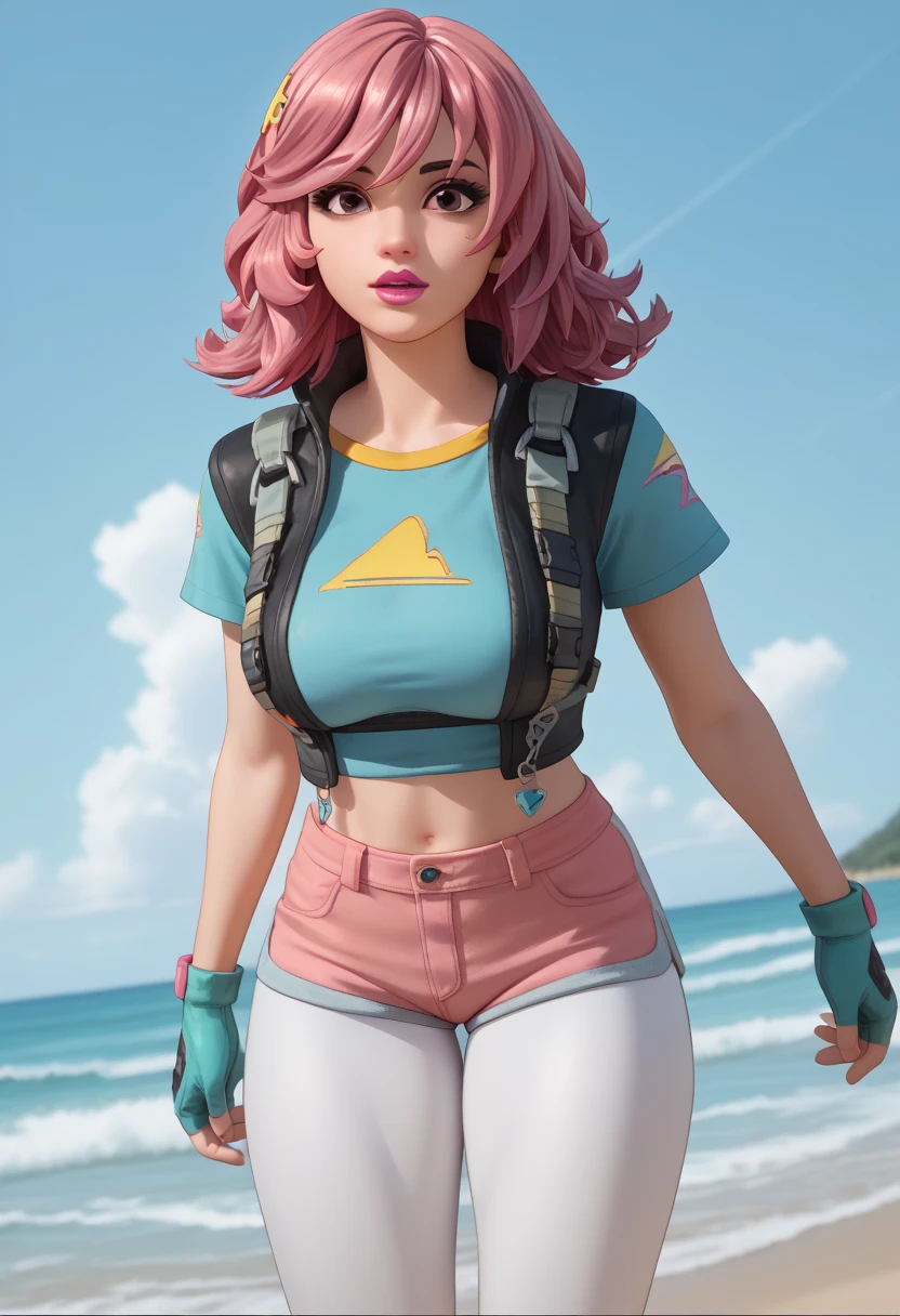 A latina girl in a middle of desert in pink hair wearing a short bikini and big boobs holding a spear