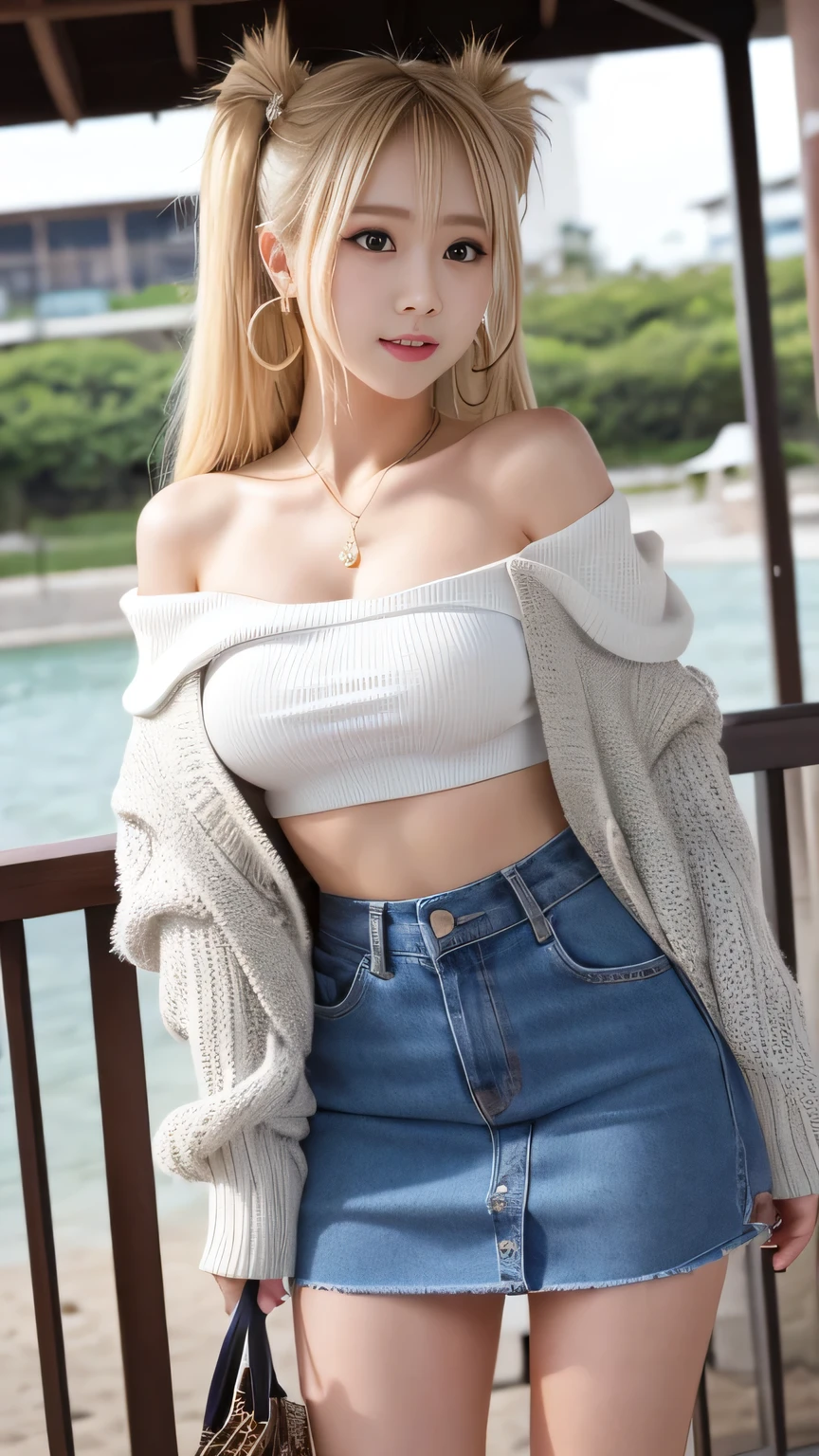 realistic,photo realistic,(top-quality,hight resolution,masterpiece:1.3),beautiful and cute woman,(large full breasts:1.5),short cut hair,Wearing a pink pendant,a white bikini,short pants,(Coast in the background),Details exquisitely rendered in the face and skin texture,Detailed eye,light smile,cowboy shot,starly sky,(fold your arms behind head:1.5)