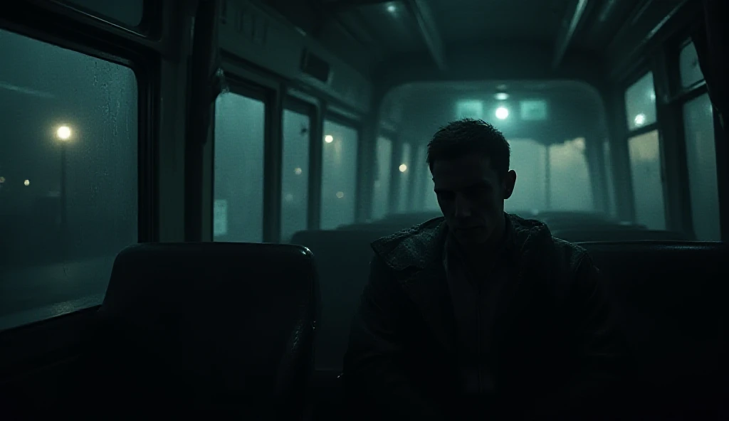Make a picture of the inside of a car where the seats are full of holes and broken parts and next to it there is a sad or crying man.
