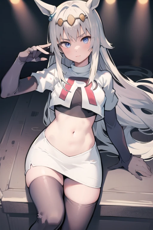Silver hair, blue eyes, light skin, turquoise earrings, (covered eye by hair:1.3), Elizabeth, team rocket,team rocket uniform,white skirt,crop top,black thigh-highs,black elbow gloves,