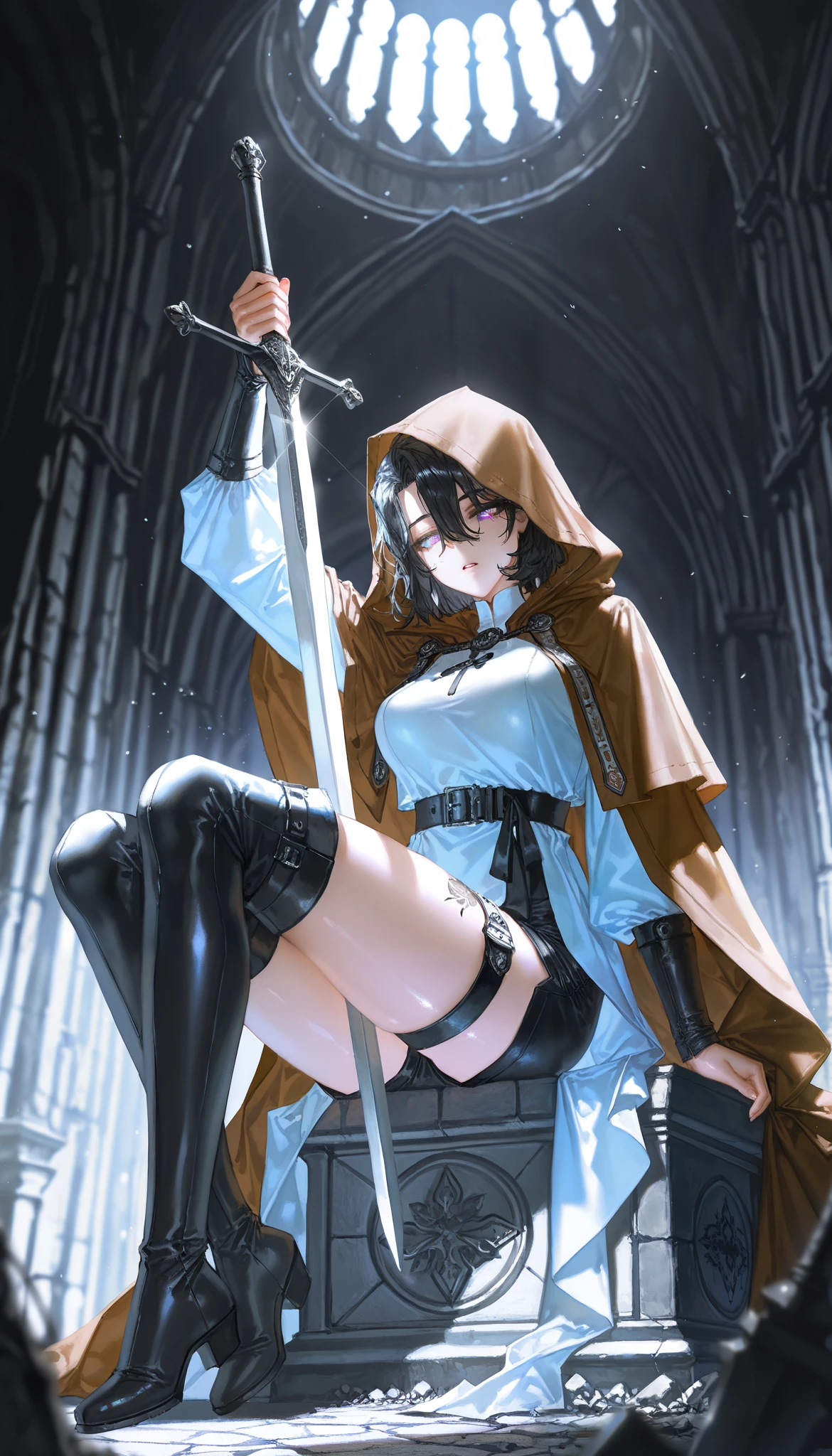 (artist:quasarcake:1.1),(artist:reoen:0.826446),(artist:rhasta:0.9),(artist:wlop:0.7),(hiten \(hitenkei\):0.6), blurry foreground,ray tracing,absurdres, 1girl,solo,adult,mature woman,mature female, medium short hair, black hair, hair between eyes, long bangs, purple eyes, bright pupils, shining pupils, (black tear drops tattoo:1.1), expressionless,parted lips, shiny skin,medium breasts,thighs,legs, black and white assassins atribute, black belt dress, hood, brown hood, cape, torned, black shorts, thigh strap, thigh boots, medieval world,medieval architecture,a castle,in the ruins,daytime,outside,
sitting,on a stone,open legs,legs on level,holding a long sword,sheated sword, detailed eyes,beautiful lighting,beautiful shadows, perfect anatomy,perfect body,mature body, from side below, dark atmosphere,dark aura,magical aura,lights particles,dusty air,
,masterpiece,best quality,amazing quality,