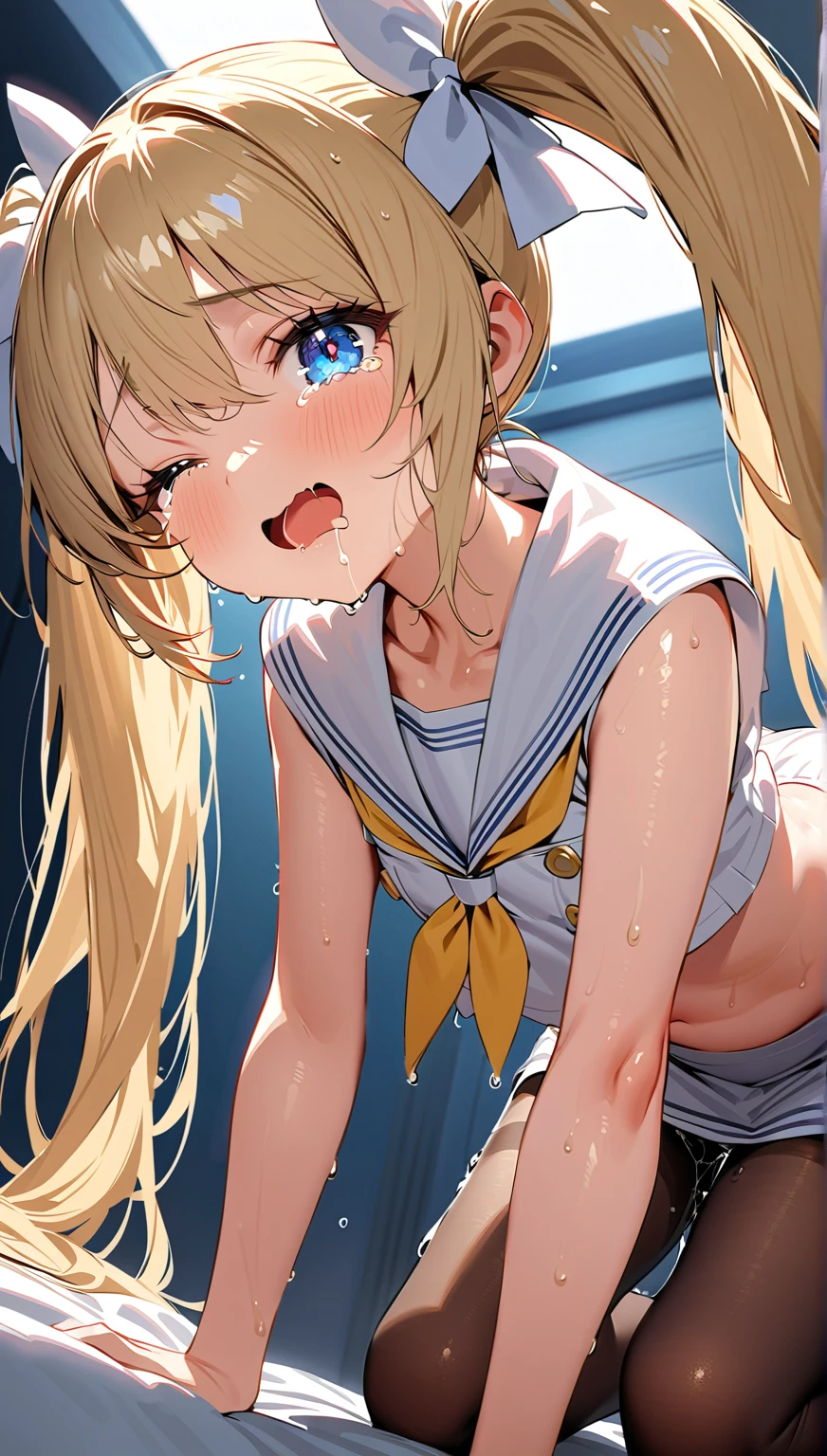 blonde hair, twintails, long hair, blue eyes,, large breasts, live stage, solo  old nsfw naked, , Peeing, lactation, projectile lactation, , Sweating profusely, Love juice, Wet Woman, female ,