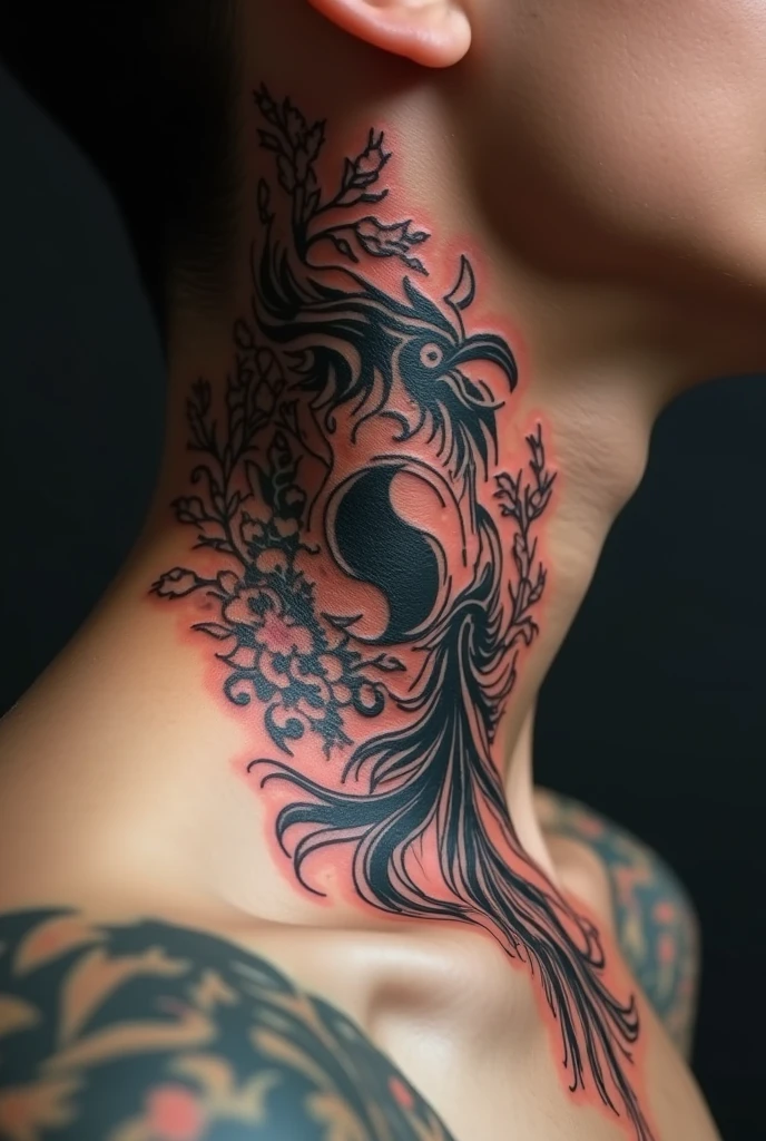Woman with oriental phoenix tattoo on her back、Intricate Phoenix Tattoo Design、Beautifully detailed feather and flame tattoo、Colorful tattoos、Flowing Hair、Photorealistic、8k、high quality、Dramatic lighting、Cinematic, muted color palette、Back tattoo close-up、Don't draw your face、