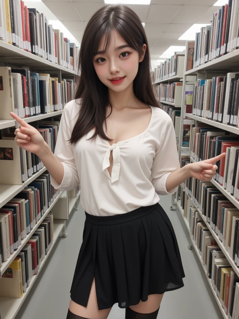 1 Girl,bookshops,Soft Light,Chinese Beauty,Short sleeve,Pleated Skirt,Sexy,Long hair