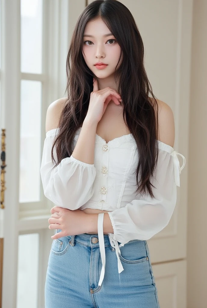 A superb exquisite real beauty girl, black long curly hair, exquisite facial features, peerless beauty, white shirt, black jeans, serious face, soft, dreamy quality, light white and dark brown, exaggerated facial features, solid color, frank off-white, surreal, blue gem necklace, ultra-clear, beautiful young girl, cute and lively, super short tights, background by the window