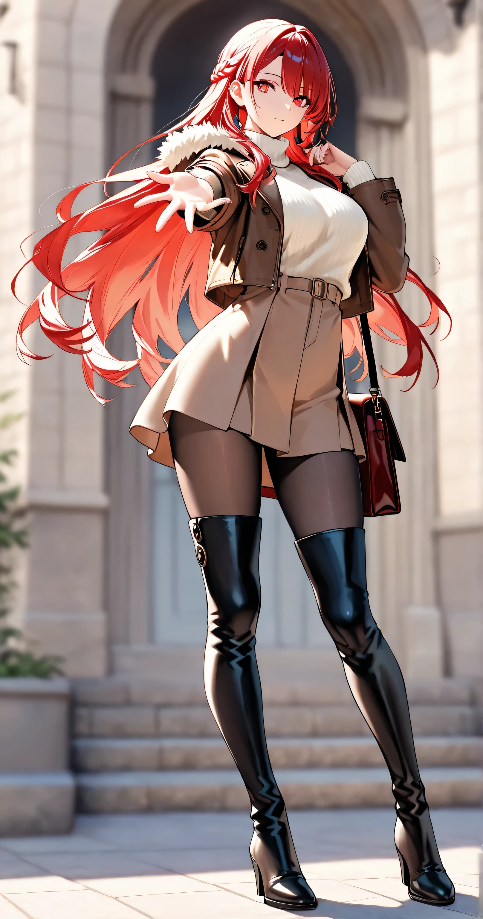 insanely detailed,
sharp focus on eyes and facial details, stunning clarity, sharp focus(1.5),
Well-defined facial features,
vivid crimson long hair in a French braid.  
no white strands styled in a French braid, 
delicate strands, silky smooth,
Beautiful almond-shaped eyes with detailed irises, gentle shading, exquisite eyelashes, Eyes with a sharp, confident look,

Sweater, jacket, fur trim, brown jacket, turtleneck, fur-trimmed jacket, open clothes, pantyhose, casual outfit, thigh high boots, bag, 
Contrapposto pose, arched back, outstretched hand,

Outdoors, blurry background, soft ambient lighting,
Brilliant skin,
masterpiece, best quality, ultra-detailed, 8k resolution,
Crisp details, rich colors, vibrant details, harmonized colors,
1girl, solo, perfect anatomy,
No stuffed animals or toys, simple luxury background, minimalistic luxury setting,
full body, front view, looking at viewer,
2D anime style, best illustration,
highly detailed face, slender body, flawless skin.
Mature features, balanced proportions.