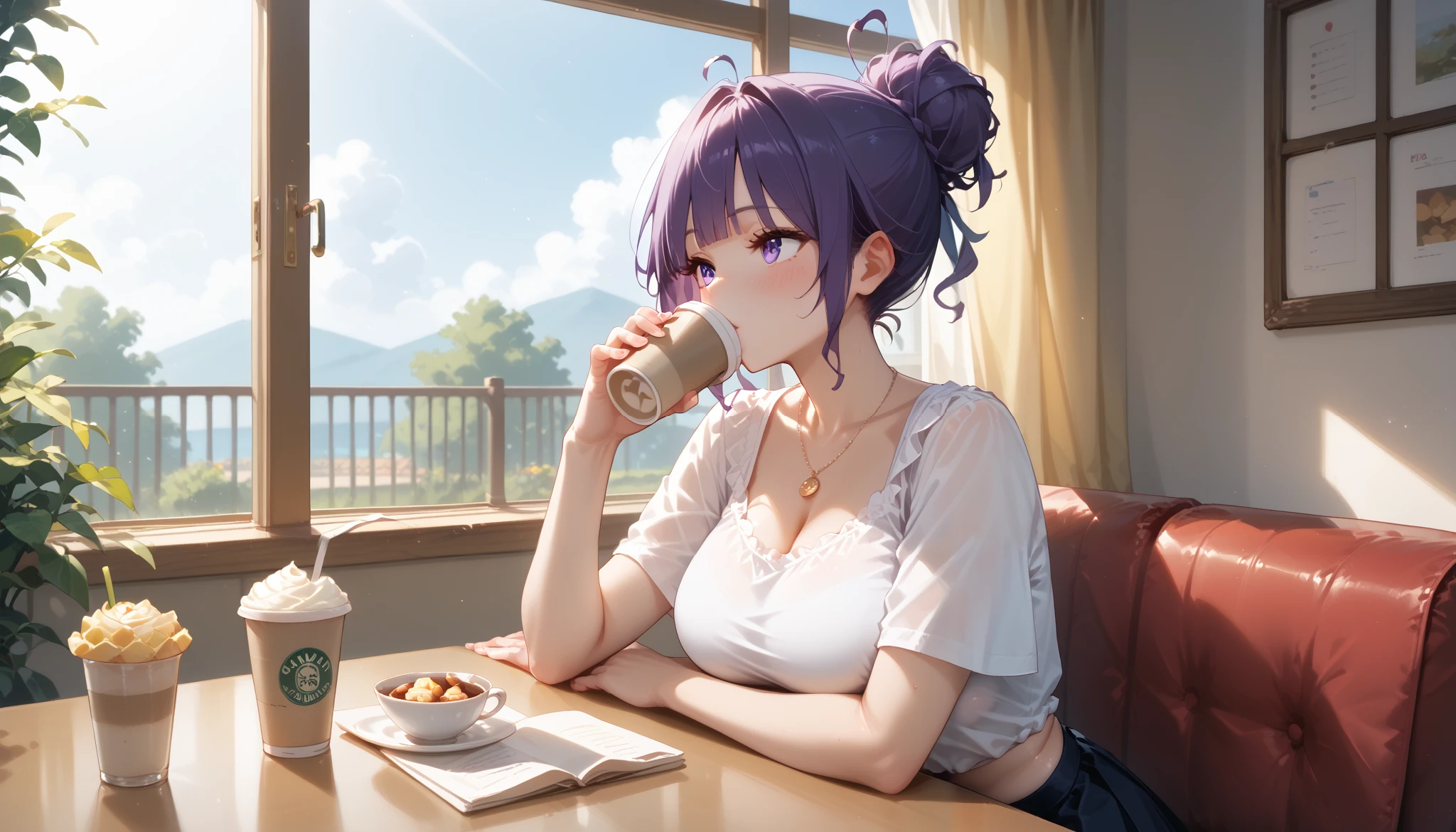 "A girl with a nice body and nice breasts sits in a charming café, her purple hair tied in a messy bun. She’s dressed in a white crop top and flowy skirt, sipping iced coffee while enjoying the view of the sun setting through the large glass windows. The golden hour light fills the café with a soft, dreamy glow."
