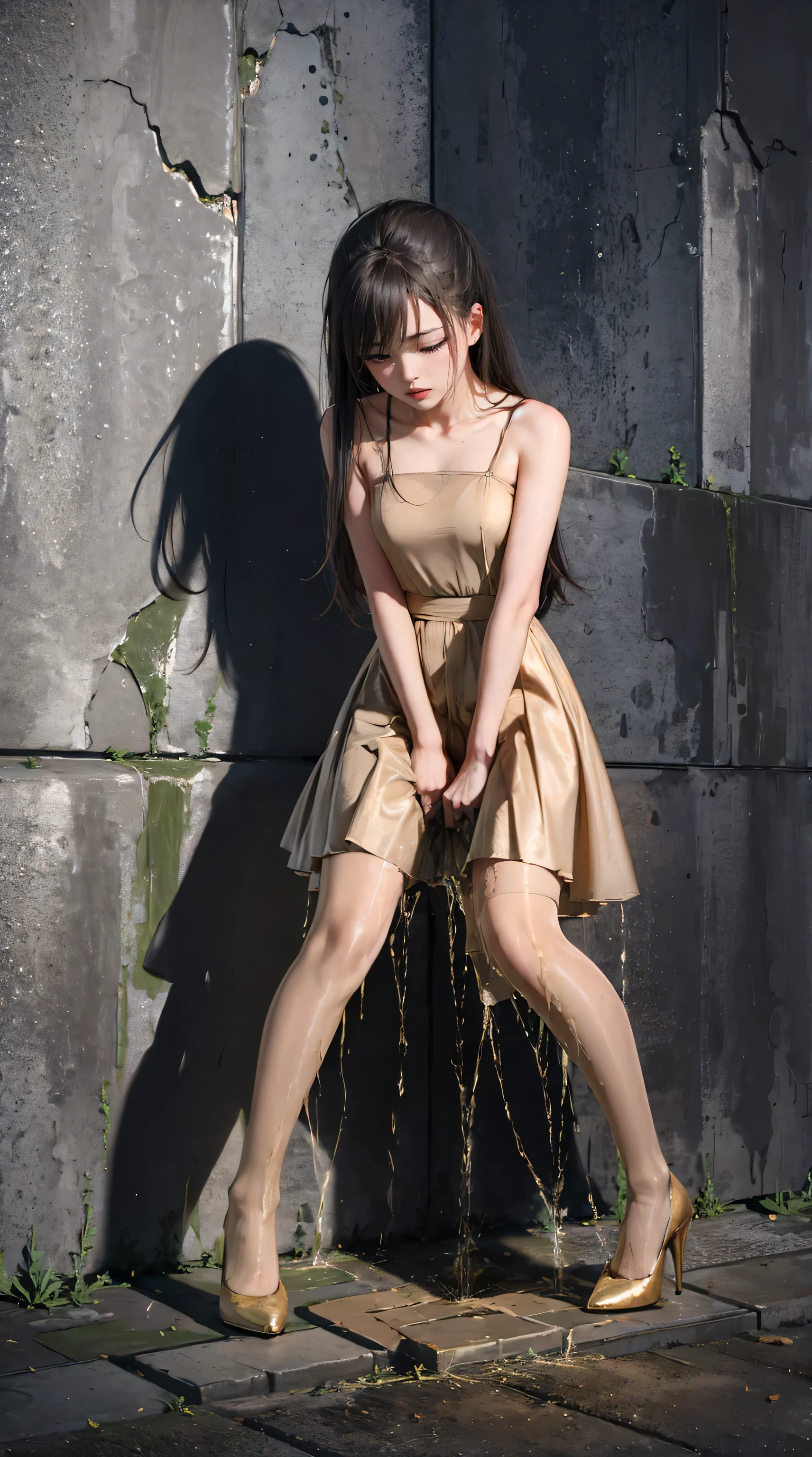 (urination:1.4),(is embarrassing:1.2),prom dress, miniskirt, sexy pin heels , high heels, pantyhose, super long hair,Katyusha pees herself, Wetting clothes, Face of pee I can't stand , The desperation to pee myself , urination imminent pose , her body can't hold urine 、peed out of desperation in the middle of the city, it's a woman who pees and puts her legs down, stand up, Hyper Pee Desperate Face , big puddle of pee