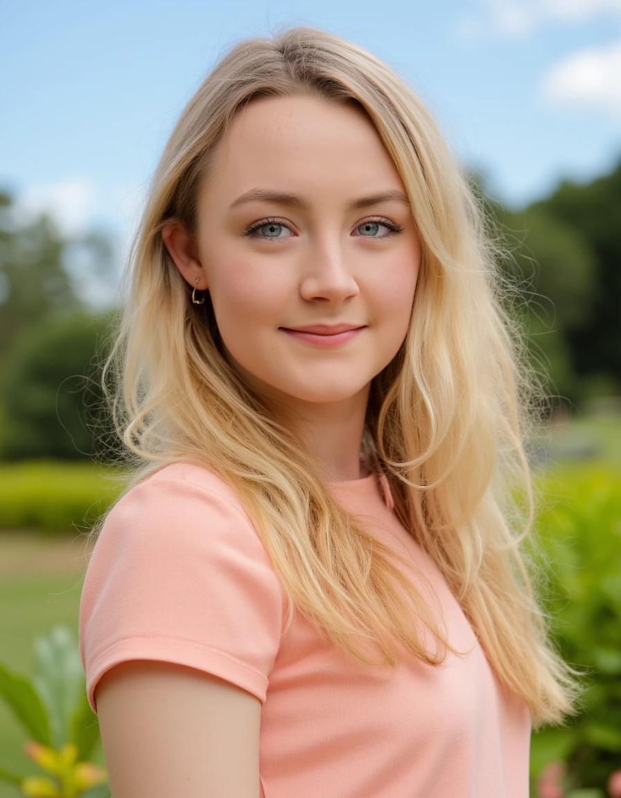 (a beautiful woman:1.1),(blond hair:1.1),(big breast),(wearing a T-Shirt),(detailed face:1.1),(long flowing hair),(confident expression),(attractive pose),(standing in a garden),(bright sunny day),(vivid colors),(photorealistic:1.37),(medium:oil painting),(ultra-detailed),(sharp focus),(professional),(beautiful detailed eyes),(beautiful detailed lips),(long eyelashes)