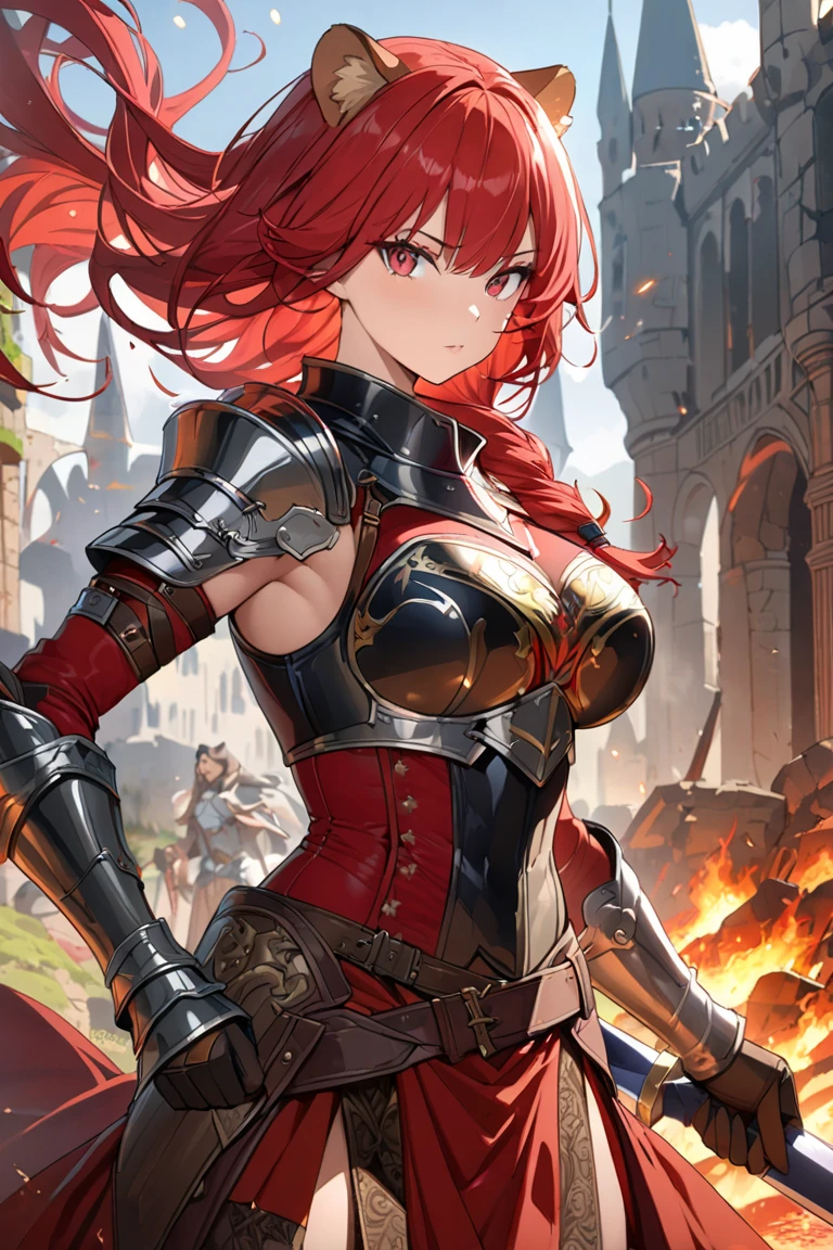 (masterpiece),(best quality),(ultra-detailed),(best illustration),(best shadow),(absurdres),(detailed background),(very aesthetic), knight, long hair, red hair, ((Ponytail)), yellow eyes, perfect face, black armor,, ((exposed arm)), red_ornaments, red_tabard, thong, belt, ((big tits)), exposed belly, smiling, 1girl, strikes, Perfect face, thick thighs, ,add_detail:1, add_detail:0, add_detail:0.5,