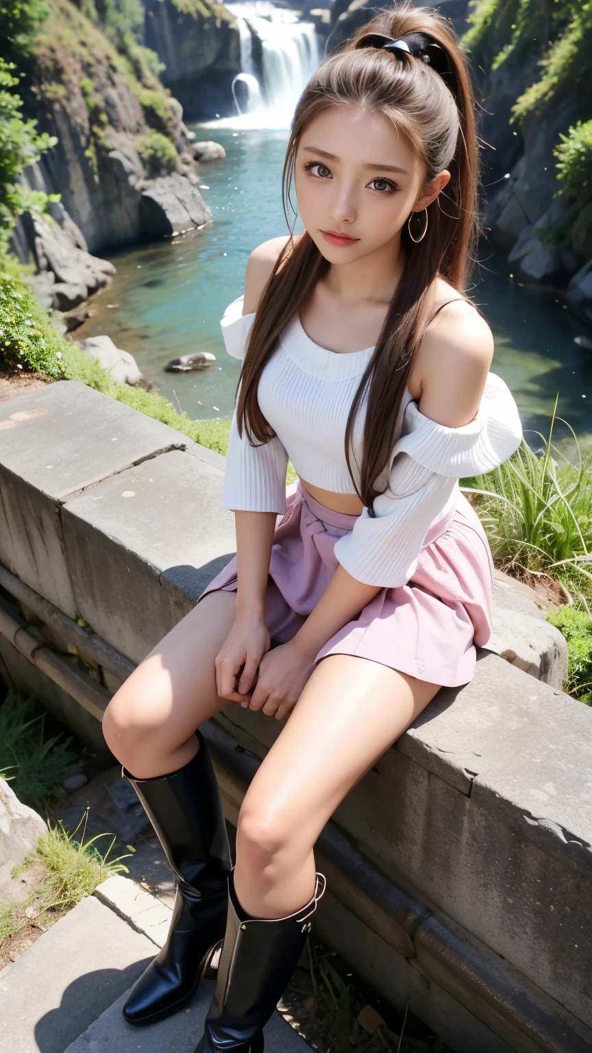 (1 woman:1.5),(best quailty,8K,32K,巨作,The ultra -The high-definition:1.2),Photo of Pretty Japanese woman in the,(Sad smile,Be red in the face:1.1),looking looking at viewer,(Beautiful detail skirt :1.2),Detailed legs,(Open legs:0.9),(Lace panties:0.9),(windblown:1.6),full bodyesbian,the wind,oras,exteriors