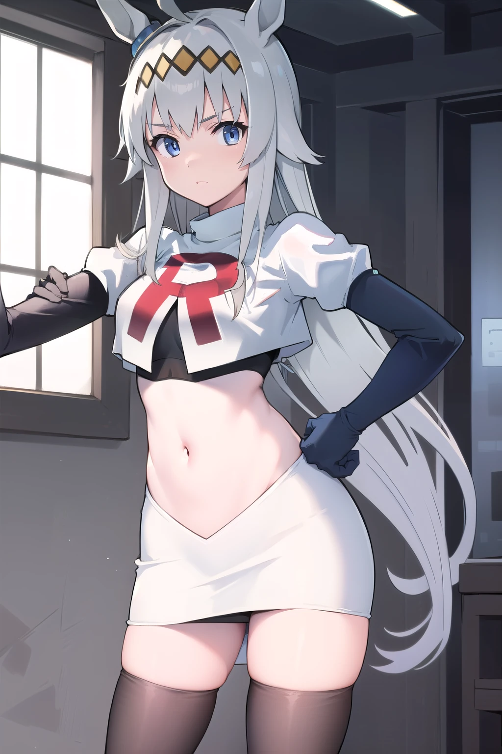 (masterpiece, best quality:1.2),
1girl,Vladilena,lenaface, blue eyes, breasts, looking at viewer, white hair,medium breasts, antenna hair, hair between eyes, looking at viewer, ahoge, expressionless, bangs, white hair,
team rocket,team rocket uniform, red letter R, white skirt,white crop top,black thigh-highs,black elbow gloves