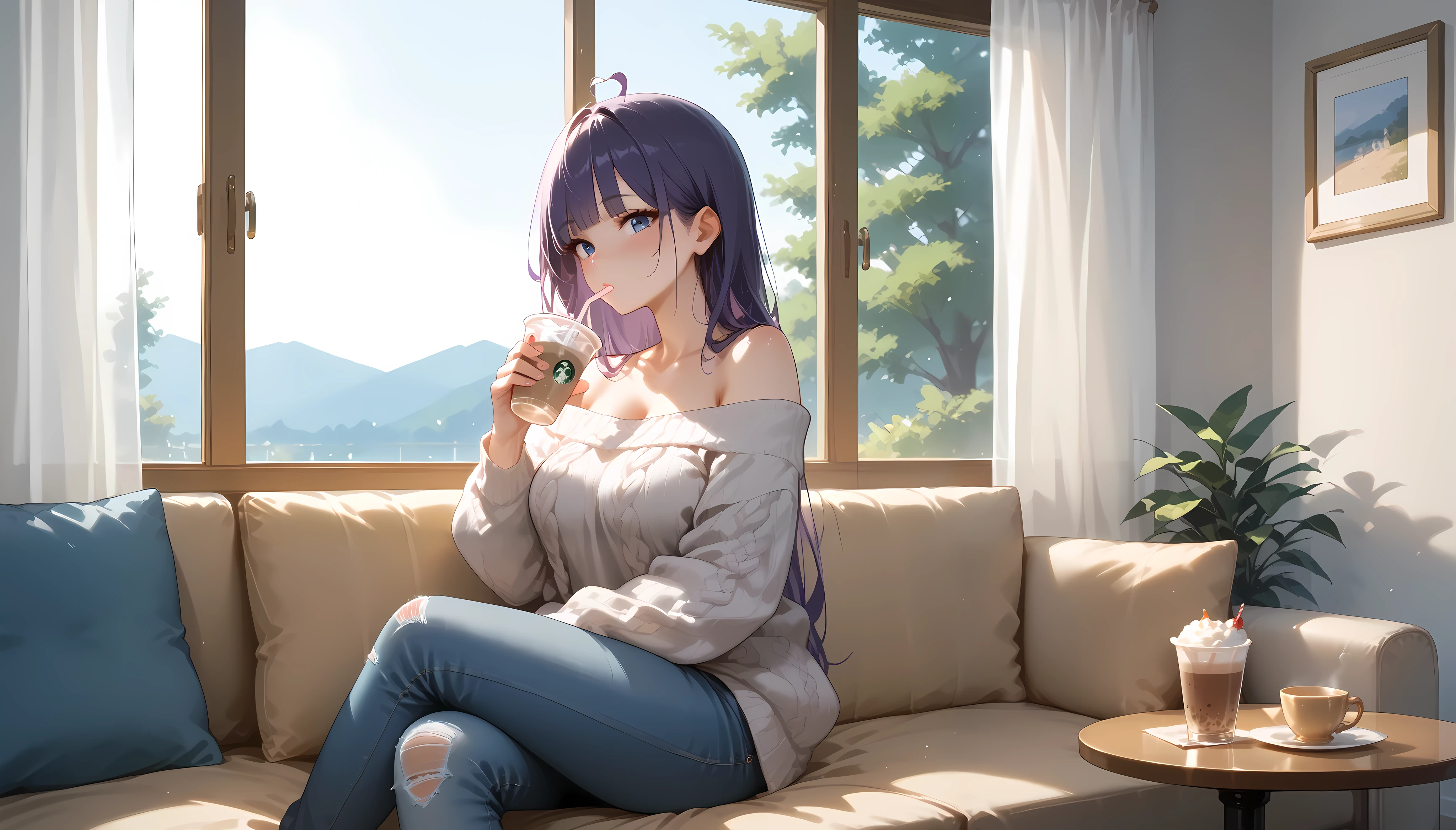 "A girl with a nice body and nice breasts, her vibrant purple hair cascading down her back, sits in a cozy café by a large window. She wears a soft, oversized sweater and skinny jeans, sipping a latte while gazing at raindrops sliding down the glass. The warm lighting inside contrasts beautifully with the cool, gray rain outside, creating a tranquil ambiance."