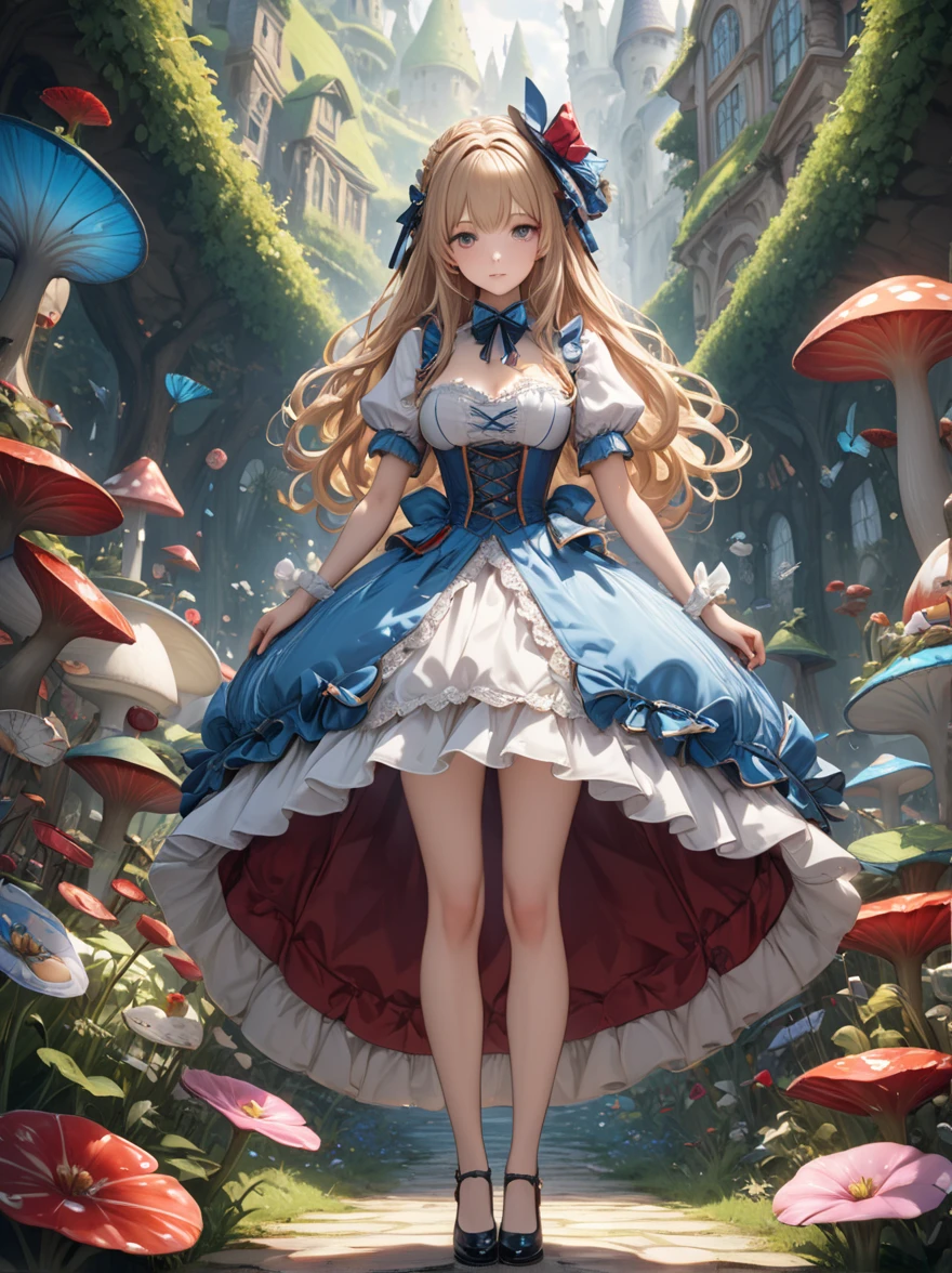 (((Masterpiece))), (((top image quality))), (((ultra-realistic depiction))), (((Alice in Wonderland in Gothic Lolita fashion))), (((diorama worldview))), Pocket watches, checkered floors, rabbits in tuxedos, kings and princesses in tramp bodies, poisonous mushrooms, magical lands.