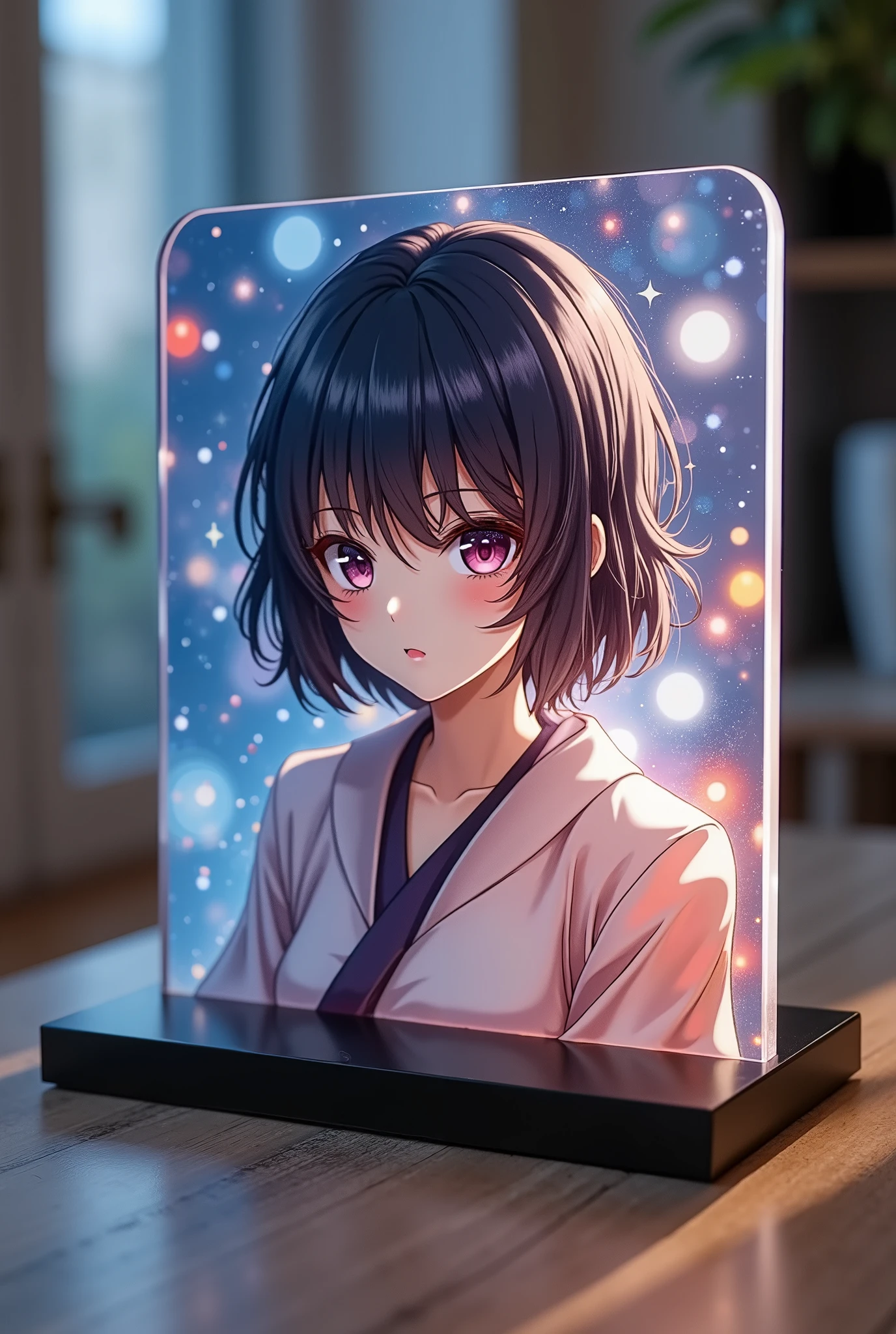 Product image of acrylic stand, Clear Raiko、Flat Print on Thin Acrylic Screen,Clear Printing That Transmits Light,Light Transmission and Real Reproduction,real photo,ROUGH,4K,UHD,Ultra High Definition,super realistic,HDR,studio lighting,Extreme Details,professional,Brilliant Colors,Bokeh,Faded Tint,Soft contours,Light Leak, minimalist , abstract background, expressionistic ,