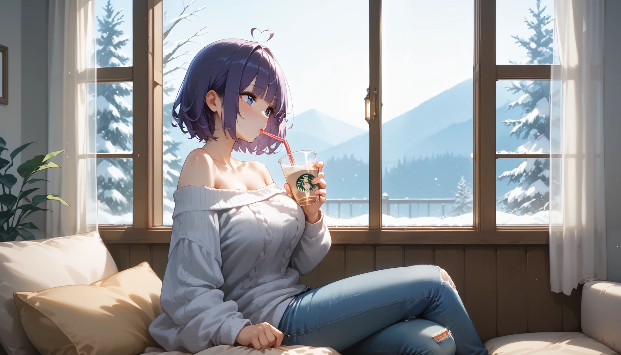 "A girl with a nice body and nice breasts, her vibrant purple hair cascading down her back, sits in a cozy café by a large window. She wears a soft, oversized sweater and skinny jeans, sipping a latte while gazing at raindrops sliding down the glass. The warm lighting inside contrasts beautifully with the cool, gray rain outside, creating a tranquil ambiance."

