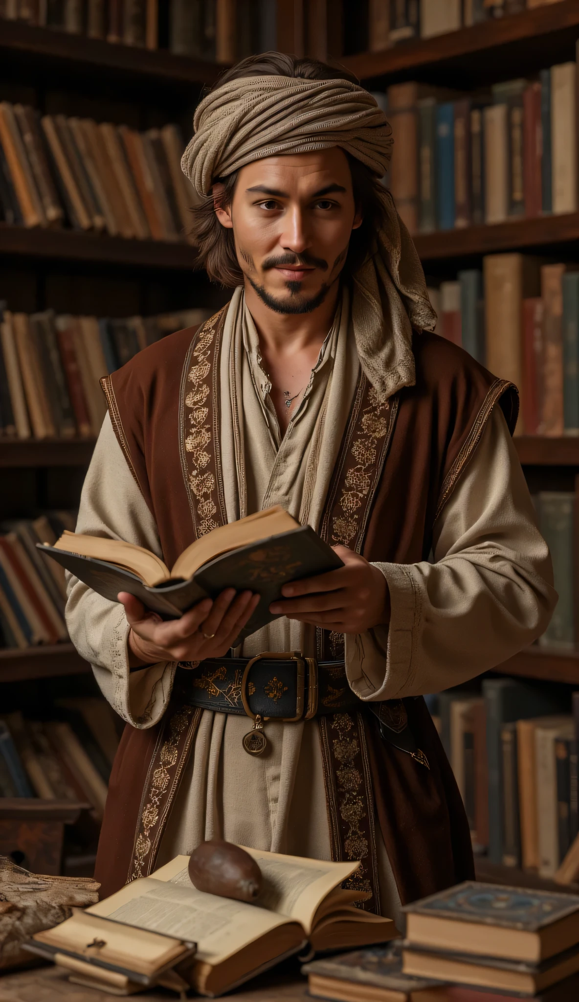 **Prompt:** Envision an ultra-realistic digital artwork set in the ancient medieval era, capturing a wide panoramic view of a grand manuscript library. At the center, a handsome young Arab philosopher deeply engrossed in writing at an ornate wooden table radiates a sense of genius and contemplation. His expressive face, a harmonious blend of features inspired by Johnny Depp, Hugh Jackman, and Nicolas Cage, glows with a thoughtful smile as he pours over an ancient tome. The library around him is a treasure trove of scrolls and manuscripts, their intricate details beautifully rendered in the background. Adorned in an exquisite traditional Arab outfit complete with a flowing turban, the philosopher's attire adds to the rich historical ambiance. Employing octane 3D rendering techniques, aim for ultra-realistic textures that highlight the meticulous craftsmanship of the setting. The composition should balance depth of field and focus, utilizing slow shutter speed effects to create an immersive, photorealistic atmosphere that transports viewers to this scholarly sanctuary of the past. Every detail, from human anatomy to lighting, should reflect the highest artistic standards and principles celebrated on platforms like CGSociety and DeviantArt, offering a visual feast that captures the essence of medieval wisdom and creativity.