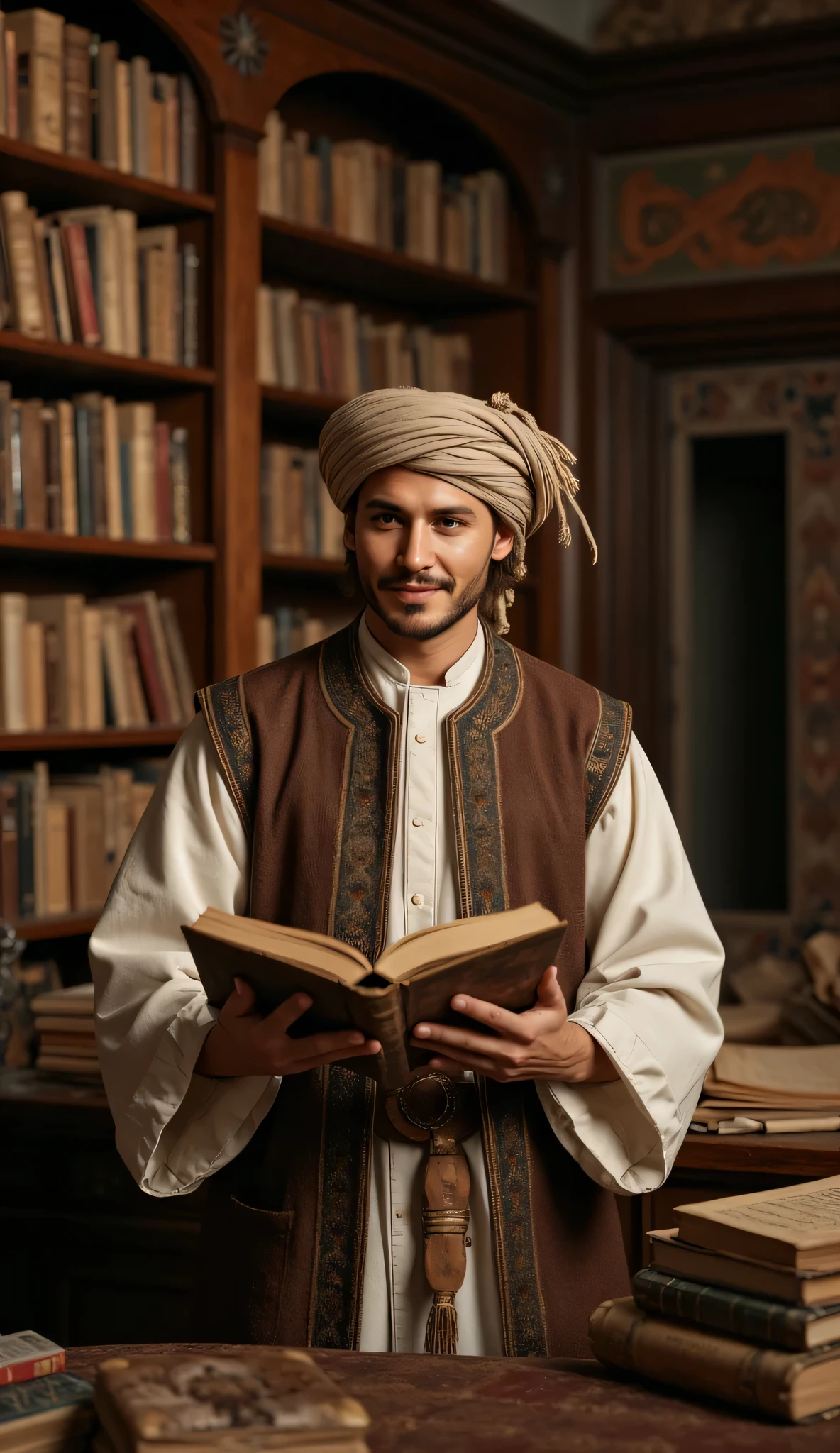 **Prompt:** Envision an ultra-realistic digital artwork set in the ancient medieval era, capturing a wide panoramic view of a grand manuscript library. At the center, a handsome young Arab philosopher deeply engrossed in writing at an ornate wooden table radiates a sense of genius and contemplation. His expressive face, a harmonious blend of features inspired by Johnny Depp, Hugh Jackman, and Nicolas Cage, glows with a thoughtful smile as he pours over an ancient tome. The library around him is a treasure trove of scrolls and manuscripts, their intricate details beautifully rendered in the background. Adorned in an exquisite traditional Arab outfit complete with a flowing turban, the philosopher's attire adds to the rich historical ambiance. Employing octane 3D rendering techniques, aim for ultra-realistic textures that highlight the meticulous craftsmanship of the setting. The composition should balance depth of field and focus, utilizing slow shutter speed effects to create an immersive, photorealistic atmosphere that transports viewers to this scholarly sanctuary of the past. Every detail, from human anatomy to lighting, should reflect the highest artistic standards and principles celebrated on platforms like CGSociety and DeviantArt, offering a visual feast that captures the essence of medieval wisdom and creativity.