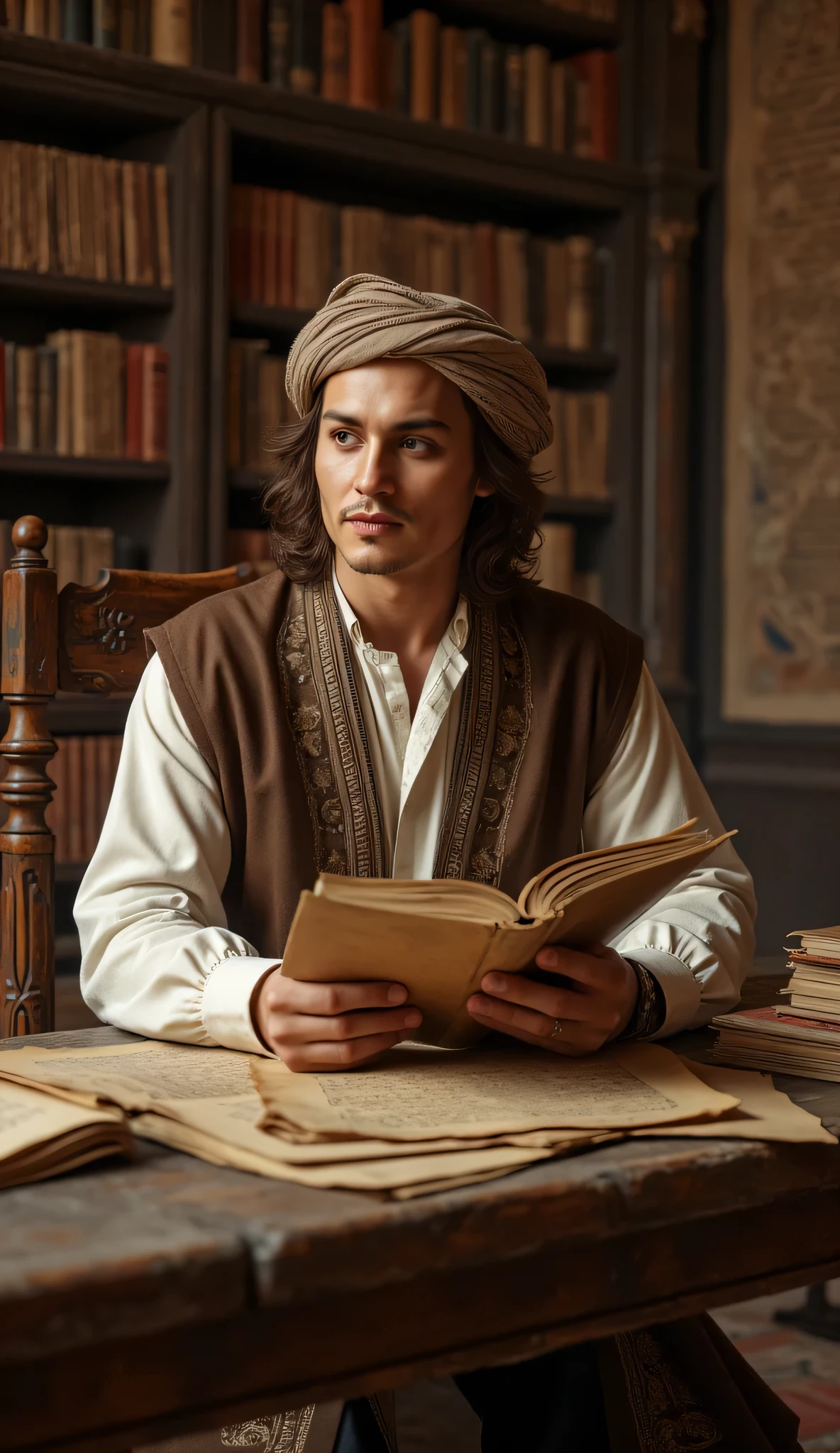 **Prompt:** Envision an ultra-realistic digital artwork set in the ancient medieval era, capturing a wide panoramic view of a grand manuscript library. At the center, a handsome young Arab philosopher deeply engrossed in writing at an ornate wooden table radiates a sense of genius and contemplation. His expressive face, a harmonious blend of features inspired by Johnny Depp, Hugh Jackman, and Nicolas Cage, glows with a thoughtful smile as he pours over an ancient tome. The library around him is a treasure trove of scrolls and manuscripts, their intricate details beautifully rendered in the background. Adorned in an exquisite traditional Arab outfit complete with a flowing turban, the philosopher's attire adds to the rich historical ambiance. Employing octane 3D rendering techniques, aim for ultra-realistic textures that highlight the meticulous craftsmanship of the setting. The composition should balance depth of field and focus, utilizing slow shutter speed effects to create an immersive, photorealistic atmosphere that transports viewers to this scholarly sanctuary of the past. Every detail, from human anatomy to lighting, should reflect the highest artistic standards and principles celebrated on platforms like CGSociety and DeviantArt, offering a visual feast that captures the essence of medieval wisdom and creativity.