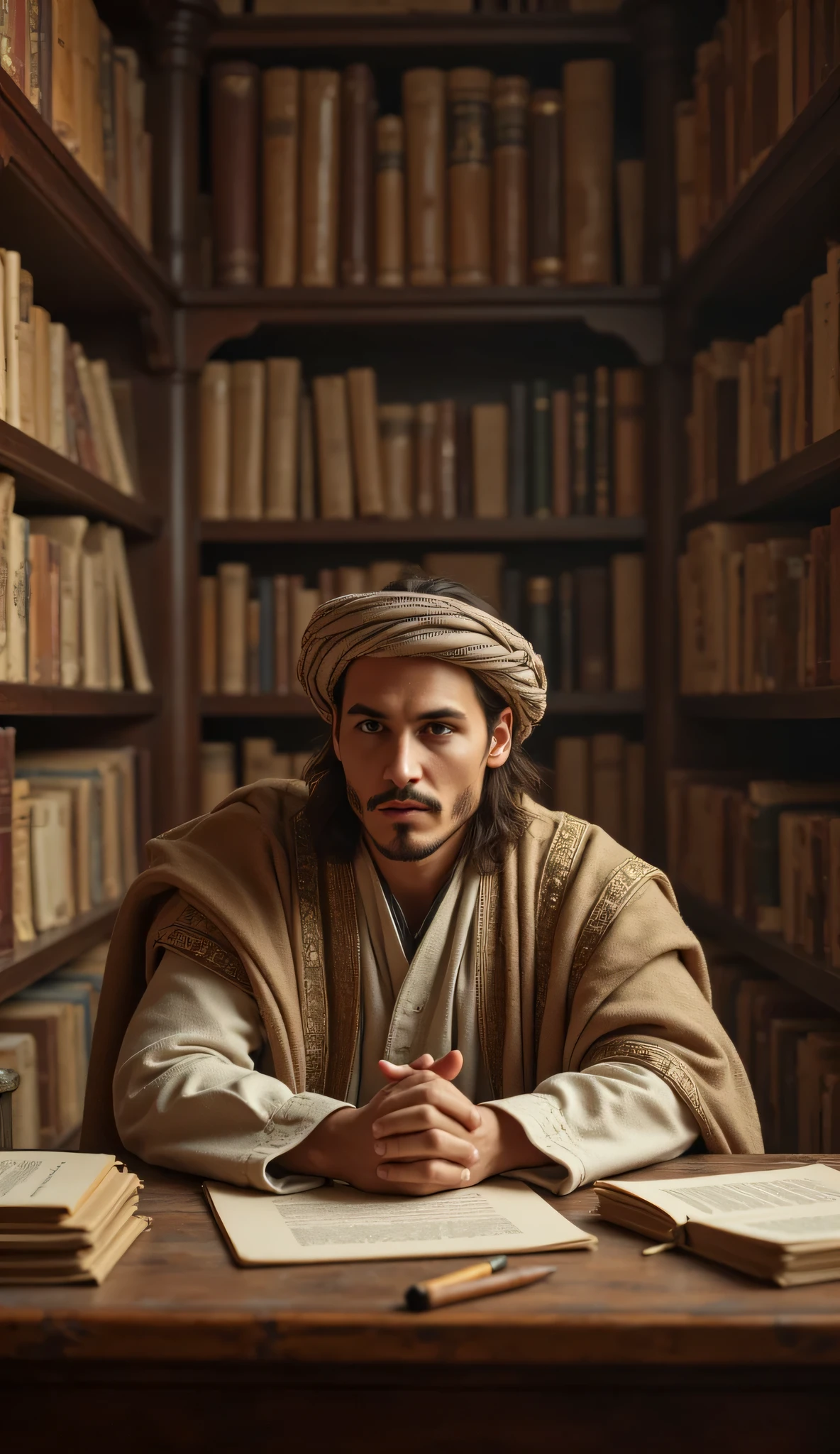 **Prompt:** medieval age era, panoramic wide camera angle landscape, Create an ultra-realistic digital artwork depicting a handsome young Arab philosopher from archaic medieval times, sitting thoughtfully at a grand wooden table in a vast manuscript library. He is intently writing in an ancient book, his focused expression conveying a genius vibe. The scenery should be captured in wide-angle view of library scenery, showcasing intricately detailed shelves filled with scrolls and manuscripts in the background. Focus on the philosopher’s mesmerizing smiling face, blending features reminiscent of Johnny Depp, Hugh Jackman, and Nicolas Cage, while dressed in a beautifully rendered ancient Arab outfit complete with a turban. Ensure the composition is balanced and dynamic, utilizing octane 3D rendering techniques for ultra-realistic textures. Aim for best photography composition and depth of field with slow shutter speed effects, creating a photorealistic atmosphere that transports viewers to a past era. The final piece should reflect the highest quality standards, showcasing meticulous attention to human anatomy and the artistic principles trending on platforms like CGSociety and DeviantArt.