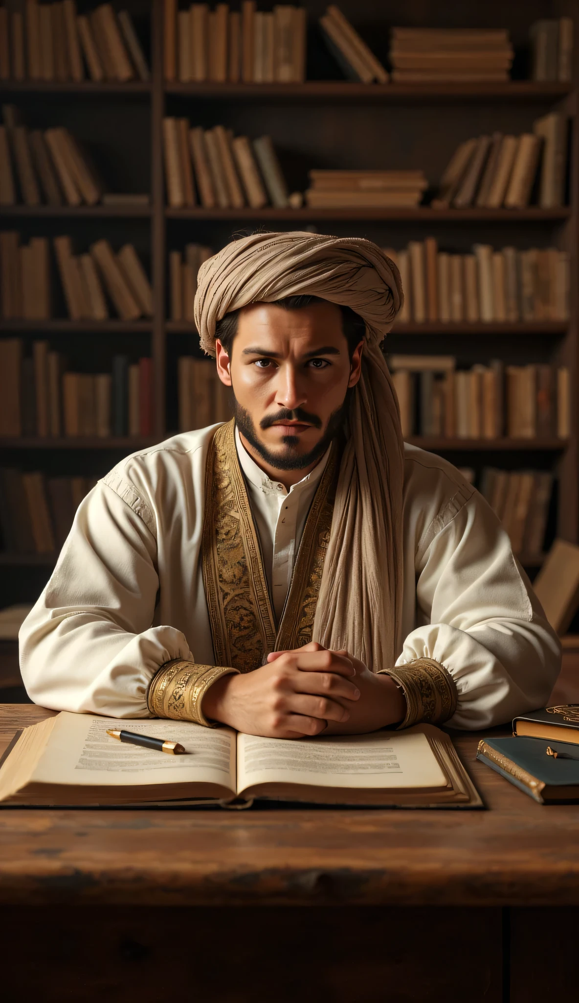 **Prompt:** medieval age era, panoramic wide camera angle landscape, Create an ultra-realistic digital artwork depicting a handsome young Arab philosopher from archaic medieval times, sitting thoughtfully at a grand wooden table in a vast manuscript library. He is intently writing in an ancient book, his focused expression conveying a genius vibe. The scenery should be captured in wide-angle view of library scenery, showcasing intricately detailed shelves filled with scrolls and manuscripts in the background. Focus on the philosopher’s mesmerizing smiling face, blending features reminiscent of Johnny Depp, Hugh Jackman, and Nicolas Cage, while dressed in a beautifully rendered ancient Arab outfit complete with a turban. Ensure the composition is balanced and dynamic, utilizing octane 3D rendering techniques for ultra-realistic textures. Aim for best photography composition and depth of field with slow shutter speed effects, creating a photorealistic atmosphere that transports viewers to a past era. The final piece should reflect the highest quality standards, showcasing meticulous attention to human anatomy and the artistic principles trending on platforms like CGSociety and DeviantArt.