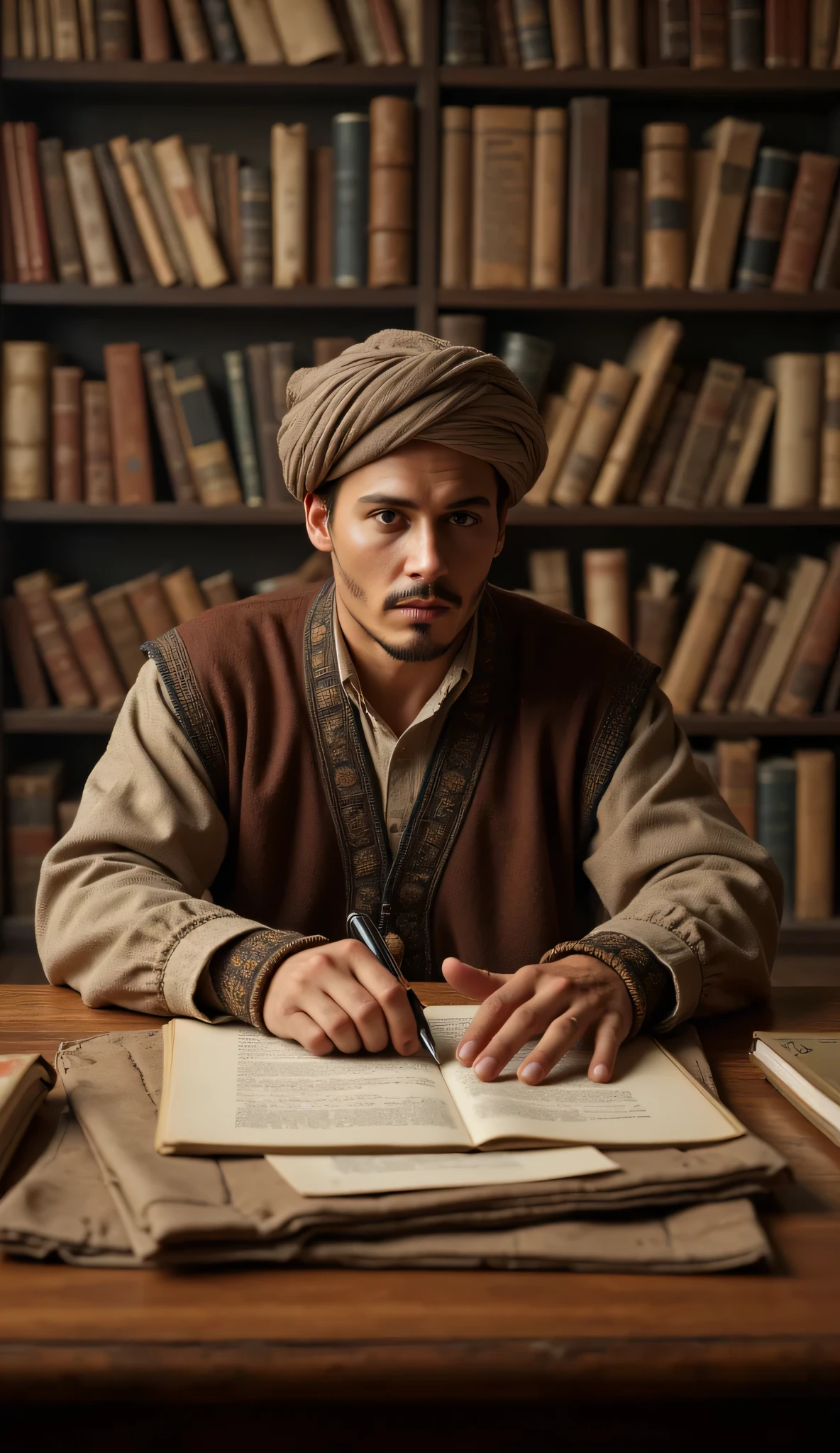 **Prompt:** medieval age era, panoramic wide camera angle landscape, Create an ultra-realistic digital artwork depicting a handsome young Arab philosopher from archaic medieval times, sitting thoughtfully at a grand wooden table in a vast manuscript library. He is intently writing in an ancient book, his focused expression conveying a genius vibe. The scenery should be captured in wide-angle view of library scenery, showcasing intricately detailed shelves filled with scrolls and manuscripts in the background. Focus on the philosopher’s mesmerizing smiling face, blending features reminiscent of Johnny Depp, Hugh Jackman, and Nicolas Cage, while dressed in a beautifully rendered ancient Arab outfit complete with a turban. Ensure the composition is balanced and dynamic, utilizing octane 3D rendering techniques for ultra-realistic textures. Aim for best photography composition and depth of field with slow shutter speed effects, creating a photorealistic atmosphere that transports viewers to a past era. The final piece should reflect the highest quality standards, showcasing meticulous attention to human anatomy and the artistic principles trending on platforms like CGSociety and DeviantArt.
