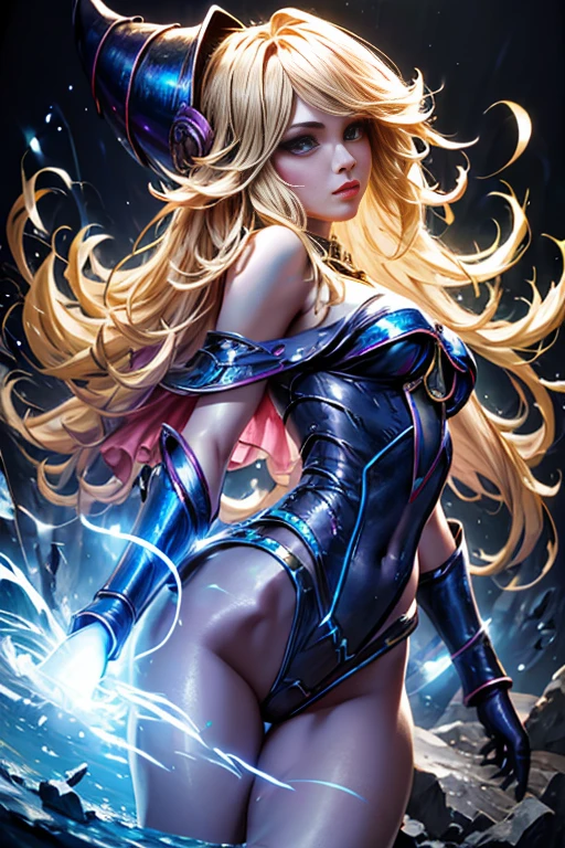 Dark magician gils en batalla. Ella lanza un hechizo y vuela en los aires, Efectos de peleas. Fuego. Luces y sangre. Pose de batalla. Volando. Efectos de magia. Irreal, fantasy, Pose sujestiva y sensual