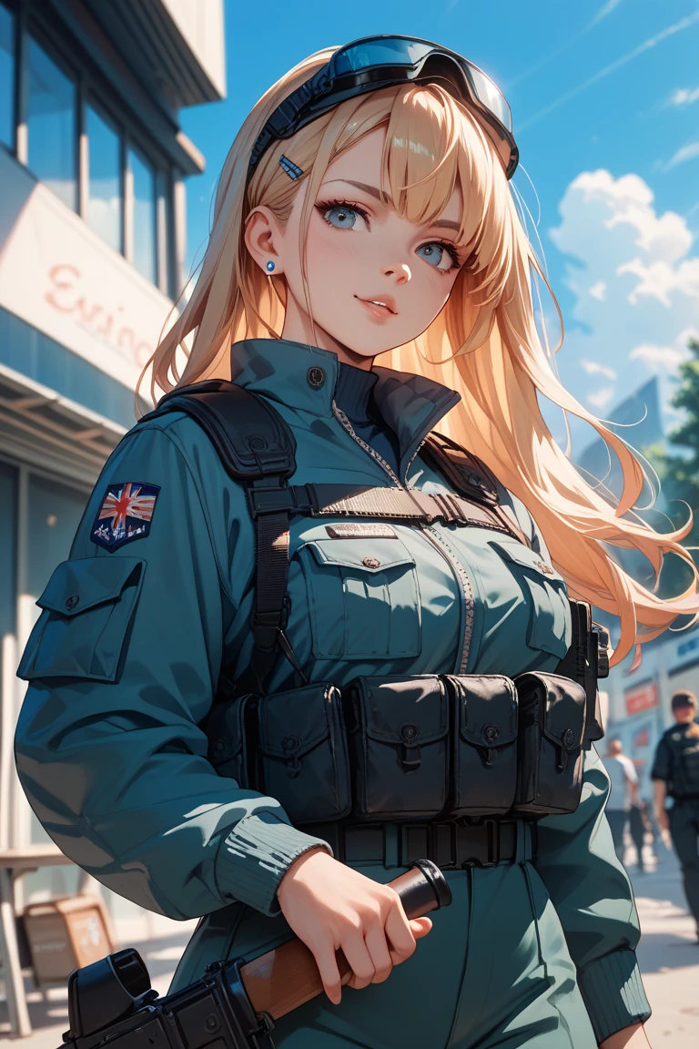 (top-quality、in 8K、32K、masterpiece、nffsw、超A high resolution、Impresionismo、Photorealsitic:1.2)、Alone with a girl、Colossal tits、valley、cowboy shot、(Grip the detailed official U.S. Army assault rifle:1.2)、 detailed faces and eyes、 Wasteland、battle field、tank、beauitful face、blurry backround、16-year-old beautiful girl、Lustrous blonde hair、poneyTail、Blue eyes、(Detailed camouflage pattern paint on face:1.2)、shinny skin、(Detailed official U.S. Army berets:1.2)、Pendant on chest、Pendant Dock Tag、(Wear a detailed official U.S. Army camouflage suit:1.2)、Black tank top、Blunt bangs、(Detailed Official United States Army Camouflage Pants:1.2)、Official United States Army Military Boots、(Show me cleavage from black tank top:1.2)