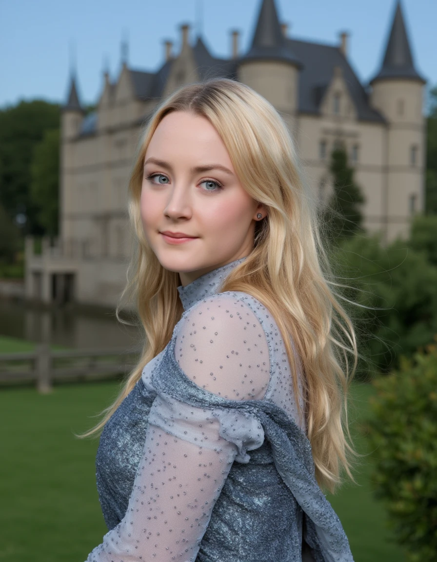 a sharp focus photo of a beautiful sexy young woman, very long braided hair, blond hair , perfect body, detailed skin texture, (slim), (highly detailed empire style see-through white silk dress), (perfect face, perfect eyes), (inside of her kingdom background, inside of great castle environment:1.5)