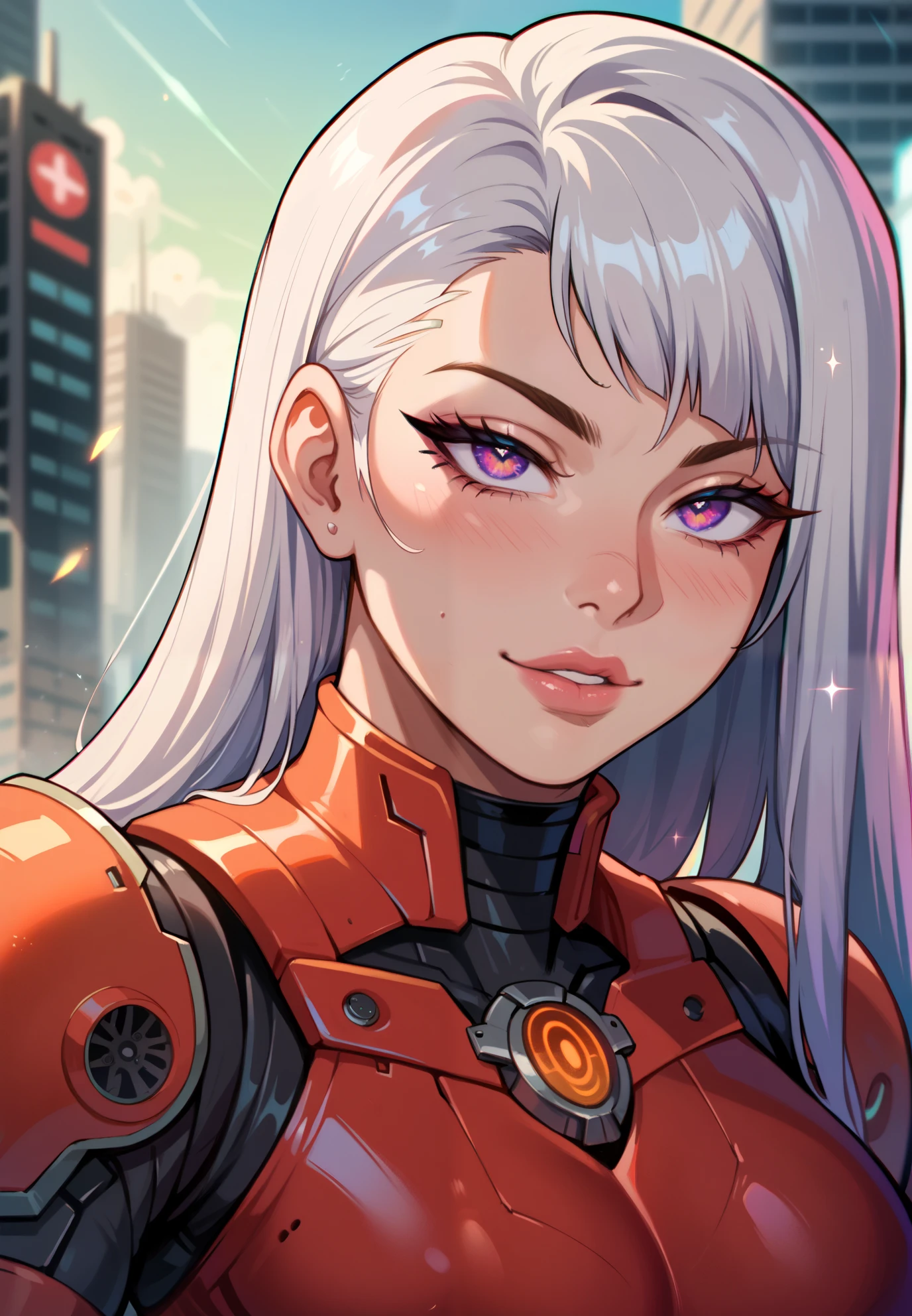 1girl, sexy female cyborg wearing scratched and tarnished futuristic armor in a destroyed futuristic city, fantasy, sci-fi, beautiful feminine face, seductive, sexual, mist, vivid alluring eyes, dramatic, shallow depth of field, cinematic lighting, bloom, light sparkles, chromatic aberration, sharp focus,