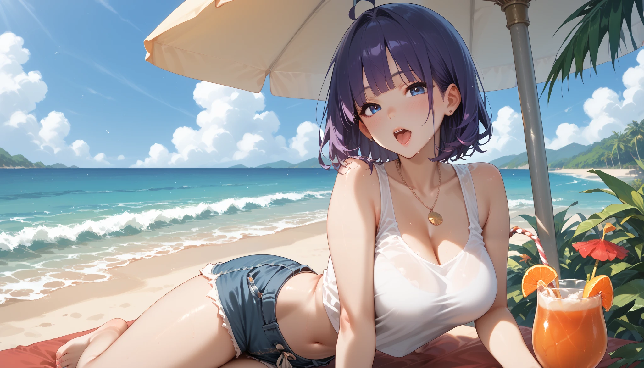 "A girl with a nice body and nice breasts relaxes at an open-air café by the beach. Her purple hair shines under the sunlight, and she’s dressed in a light tank top and denim shorts. She’s sipping on a tropical smoothie while the sound of waves crashing and the view of the ocean through the café’s large windows create a serene coastal vibe."
