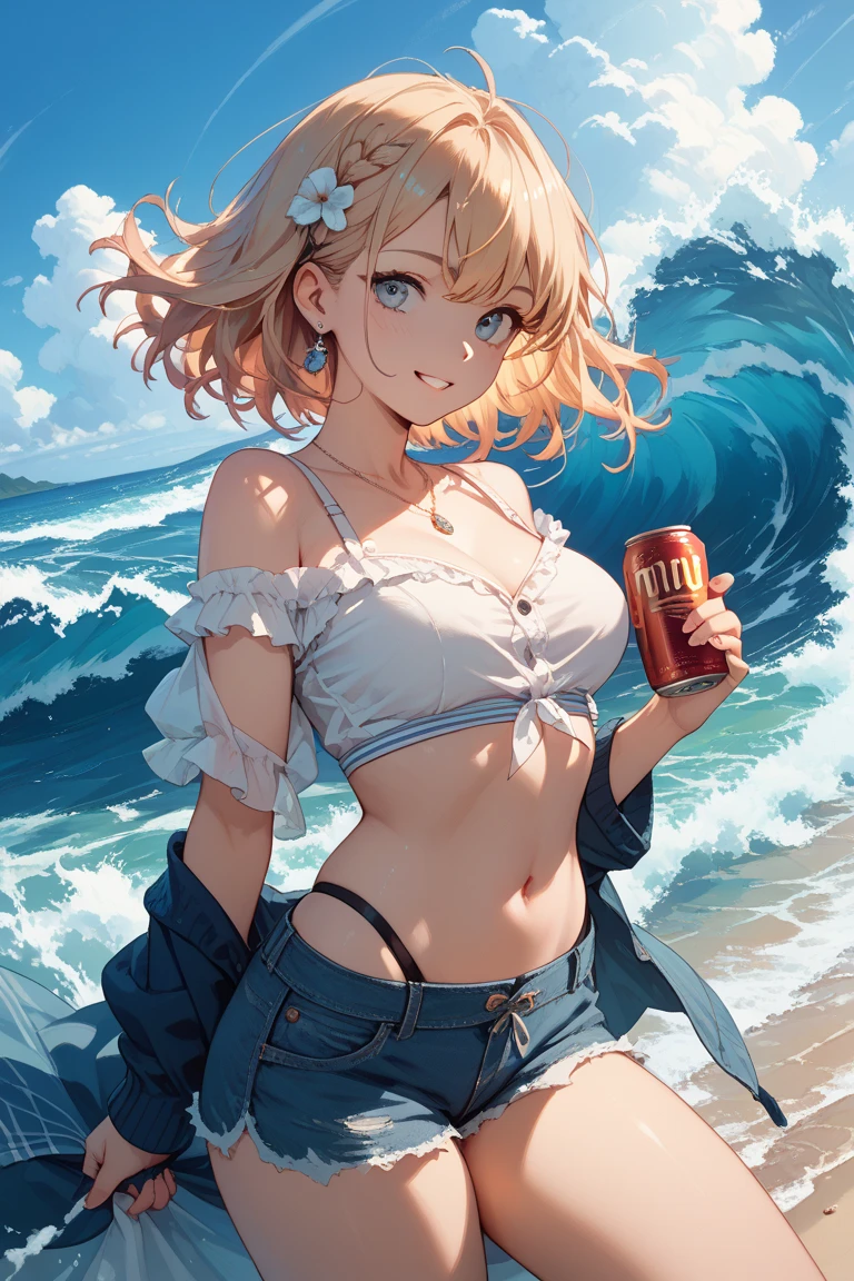 1girle, Alice Margatroyd(Touhou Project), solo, swimsuits, bikini, Medium milk,,, side-tie bikini bottom, bikini, Blue Eyes, Yellow hair、Short hair,, Shyness, blushed, BEATCH