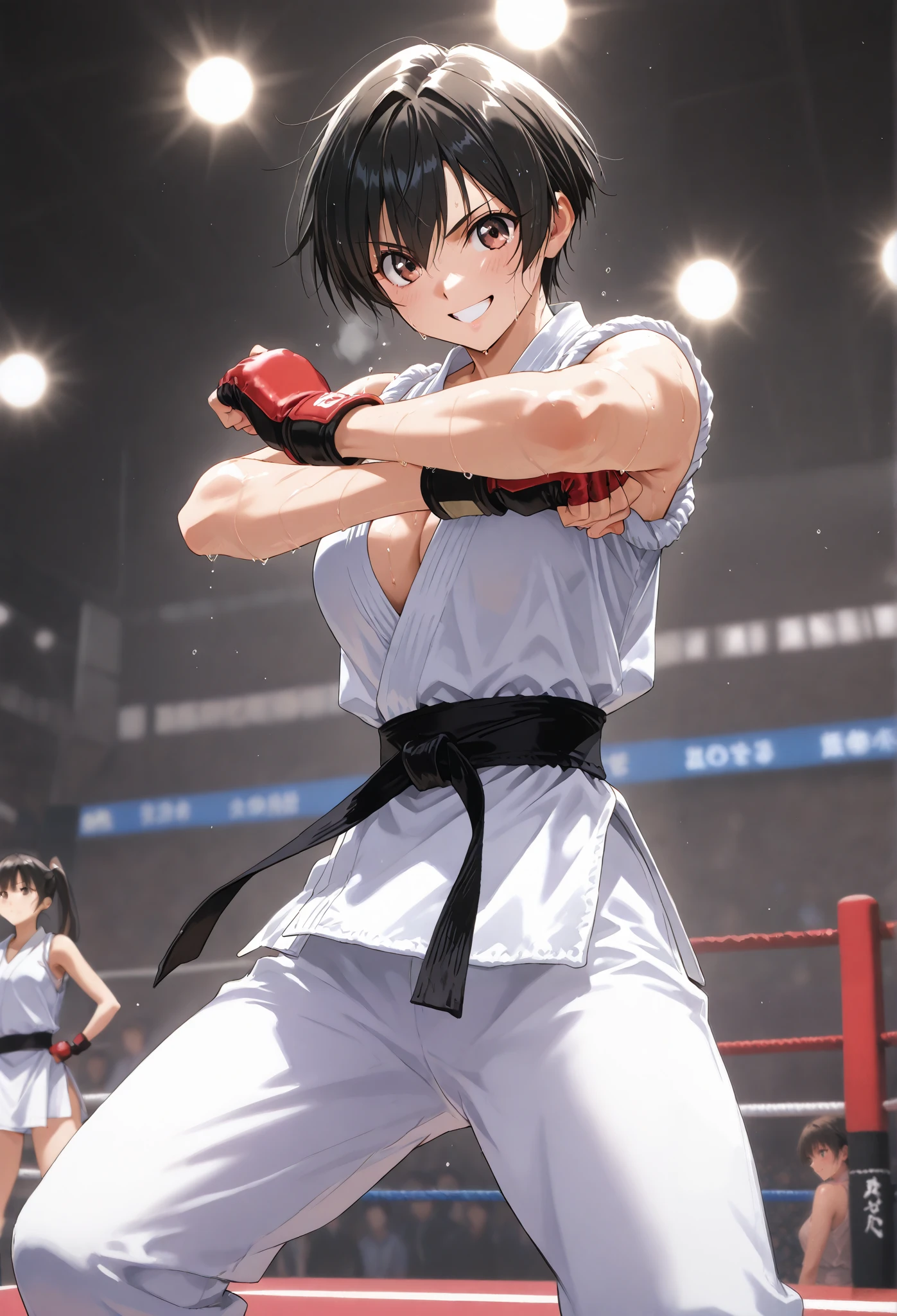 Very Short Hair、、(Judo)、black hair、 Black Belt、BOXING RING、Resist、、、A beautiful high school student and 、、masterpiece,、Martial Arts Ring、Stadium、 lots of people、best quality, ,Arm Lock, perfect body, ,   fingerless gloves  ,    ,    Shiny Skin, Steamy sweat,  depth of field, inside a mixed Martial Arts Ring, lots of female spectators,    motion line,   speedline、Fighting Pose、smile