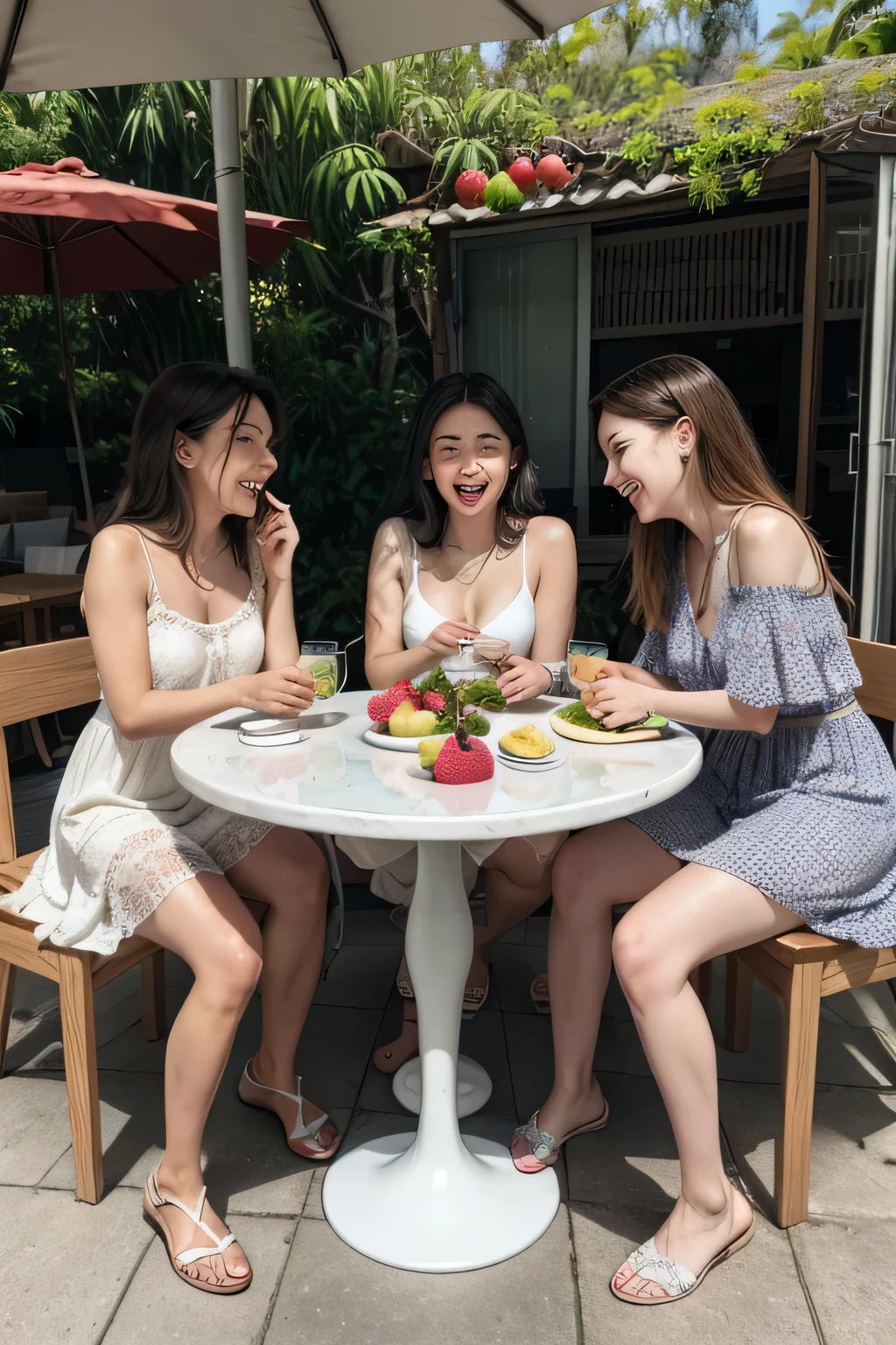 Highest quality、High resolution、Detailed Background、(Beautiful face in every detail:1.4)、Anatomically correct、(Detailed facial expressions)、(Fine grain:1.2)、(Fine grain:1.2)、Teenage Beauty、(Highly detailed face:1.4)、Cute hair colors、ponytail、Bobcut、Cute hairstyle、well-groomed eyebrows、Jokingly、Big smile、Do cute things、Fits on one screen、
(Two beautiful girls eating ice cream to beat the heat at a summer resort:1.5)、
She looks cute eating and licking ice cream with a smile on her face..、
light dress、Flower and fruit pattern、Brightly colored and patterned dresses, stripes, etc.、
Pair it with cool shoes like sandals or espadrilles..、
Off-the-shoulder tops in bright colors and vibrant patterns、Denim shorts for a light look、A shirt dress is an item that gives a clean impression..、
Brightly colored or striped shirt dresses、Tie the belt around your waist to enhance your style。、
Lake Kawaguchi and the Yamanashi Five Lakes:Located at the foot of the mountain. Fuji Mountain, Lake Kawaguchi and the Five Lakes are a summer resort surrounded by beautiful nature.、Walking along the lake and taking a boat ride、. Fuji Mountain.
((((Emphasize cleavage))))
((((Bra is visible))))