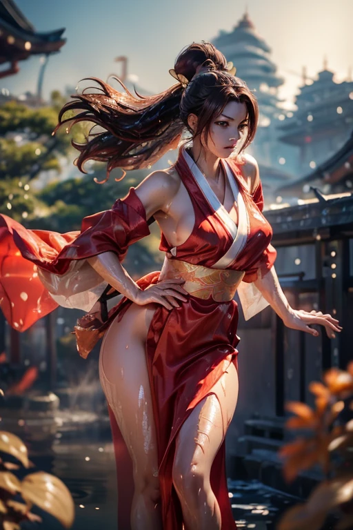 (exquisitely detailed CG unity 8k wallpaper, masterpiece-quality with stunning realism), (best illumination, best shadow), (best quality), (elegant style:1.2), Arti modern anime. angled view, heroic pose, midshot, (cel-shading style:1.3), centered image, ultra detailed closeup portrait of (Mai Shiranui:1) from (King of Fighters), best quality, expressive eyes, perfect face, highres, (ultra details), 1 girl, solo, brown hair, hair ornament, eyeshadow, gold, white and red qipao, highly ornamented, in the city of Japan, portrait, looking at the viewer, piercing eyes, full body, (light from the angle:1) (wind blowing:1.2).(depth of field effects:1.3) (motion action:1.2) (closeup:1.2) (angled closeup photography:1), (motion blur effects:1), wide angles, spreading feet, Thin to transparent,see-through,(((Soggy-kimono:1.2))),Lace fabric, (((water-immersed body: 0.9))),jewelry, relaxing pose, (dress on fire:.7), ((Leaning forward:1))