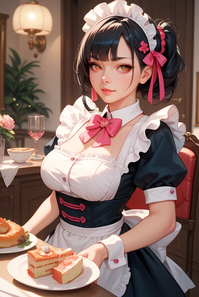 best quality, ultra-detailed, high resolution,anime screencap, unity 8k wallpaper, pov , heaping dumpling and ramen, dark ramen master, dark dumpling master,colorful dumpling dark bar,chef,two strands hanging in front,non visible underboobs,floral blouse, cute girl, (human:1),(voluptuous,well-endowed,Solo),(1lady, cook),chef,20 years old,knee-length dark hair,with a fringe,black hair, two short braids hanging in front, (idolmasters),(cat eyes, pin up art),fringe, ice cream bar, cold smile ,intake,collarbone,cooking,(pin up art),High school dxd,disco bar,muscular,Chinese clothing,collarbones, cooking, epic,Prison school, multiple focus