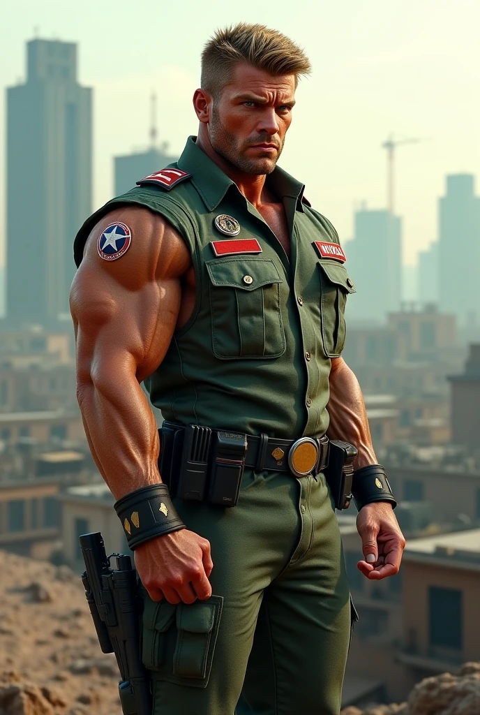 Draw a shirtless Russian muscular man in military clothing