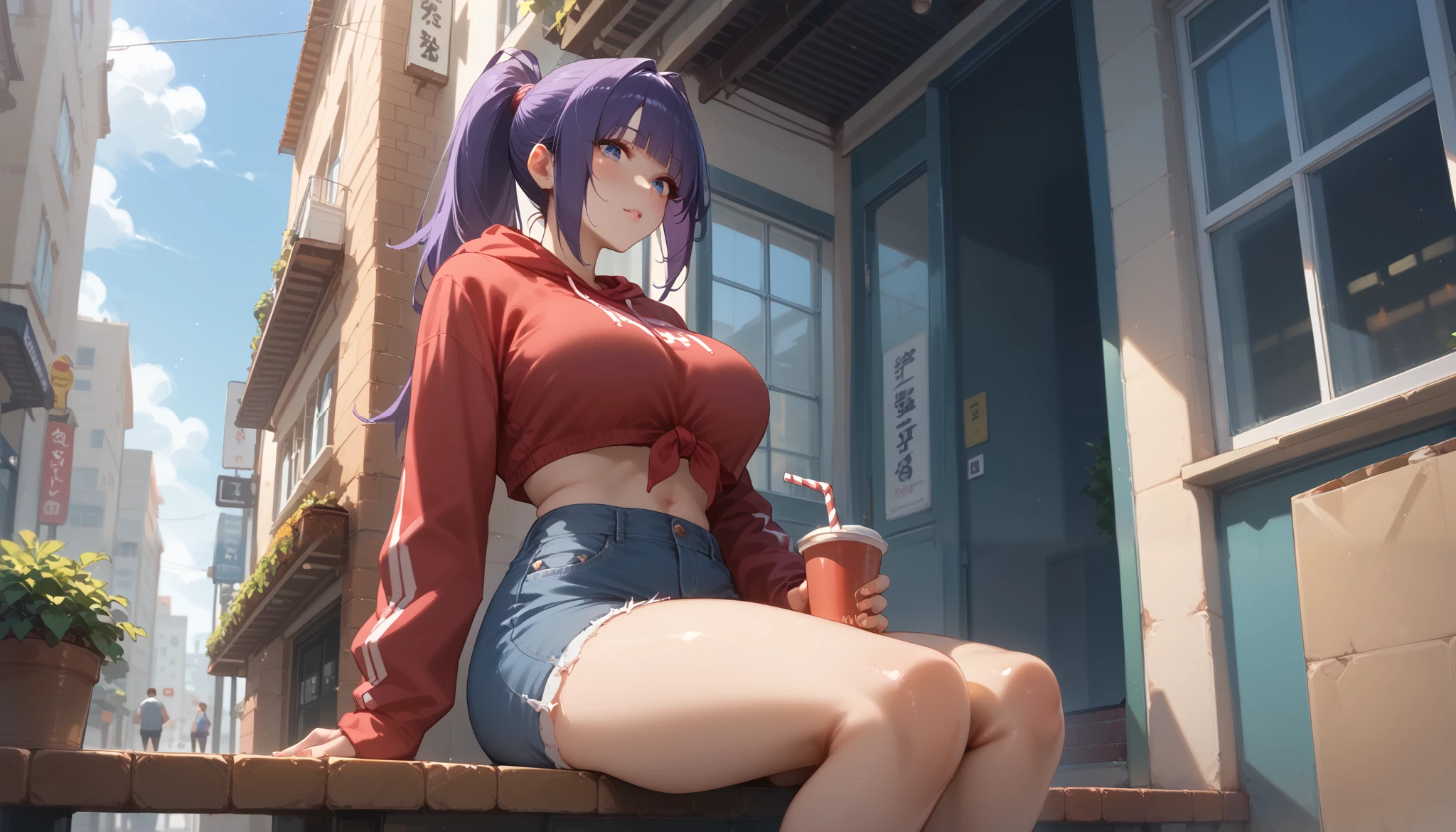 "A girl with a nice body and nice sits in an industrial-style café with brick walls and metal accents. Her purple hair is tied into a high ponytail, and she’s dressed in a cropped hoodie and joggers. A large glass window reveals a vibrant city street below, adding an urban energy to the space."