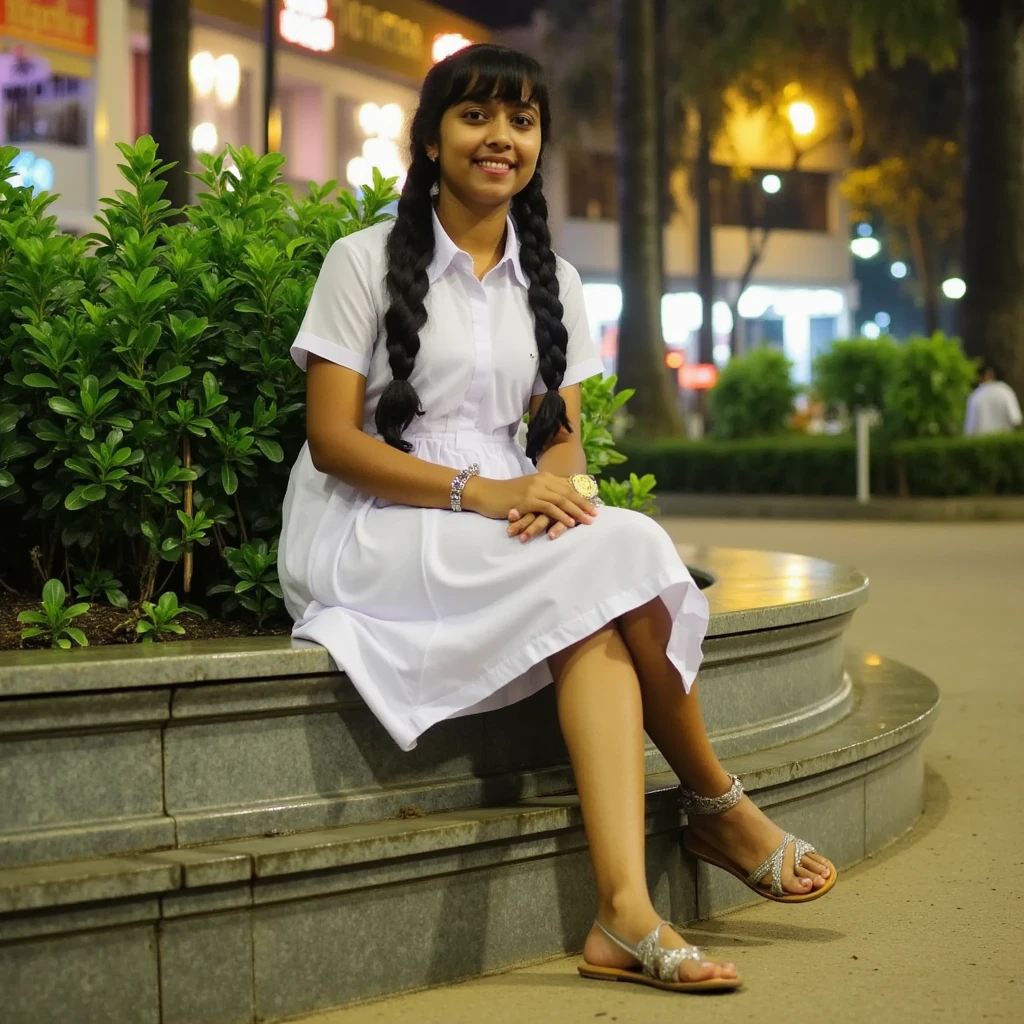 Realistic photos of (1 cute srilankan school girl) long hair, slightly smile, 32 inch breasts size,wearing white srilankan school frock, sitting on a bench in front of srilankan school, sunset light, close-up, UHD