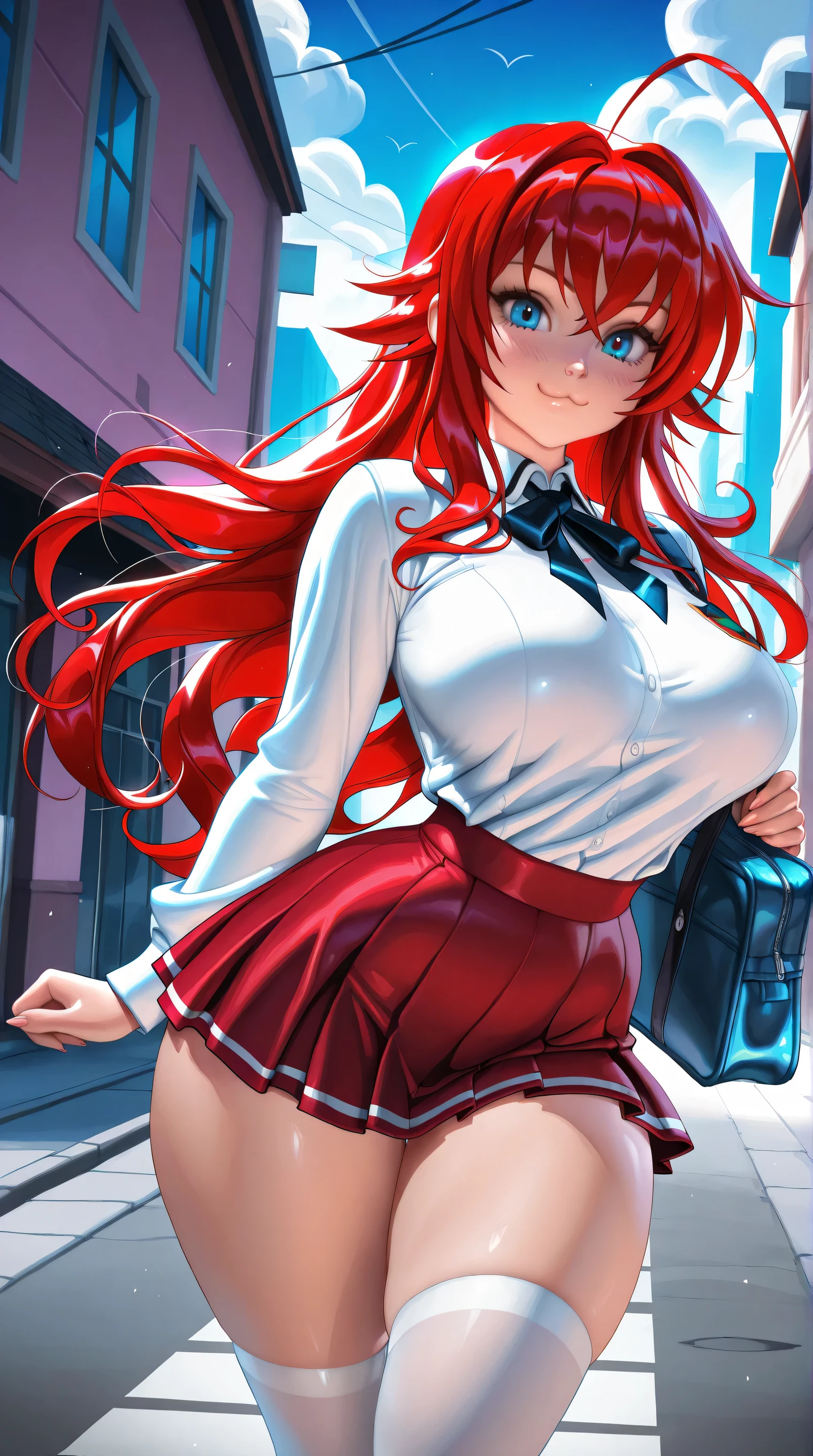 (TangoBat:0.7),(Sakimichan:0.7), 1girl, Rias Gremory, long hair, looking at viewer, :3, cute, school uniform, outdoors, streets, large breasts, curvy, (((blue eyes))), red hair, antenna hair, wavy hair, anime, masterpiece, best quality,absurdres