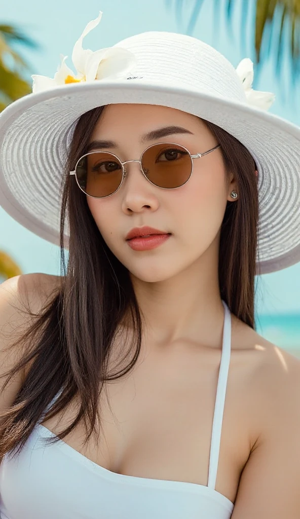 beautiful caucasian girl, dilraba dilmurat, marylin monroe, amber heard, detailed face, goddess, beautiful face, sunny day, bikini wearing, beach vibes, big sun hat, sunglasses, hazel colored eyes, plump lips, defined cheekbones, defined jawline, detailed face, clear face, no obstructions, no hair on face