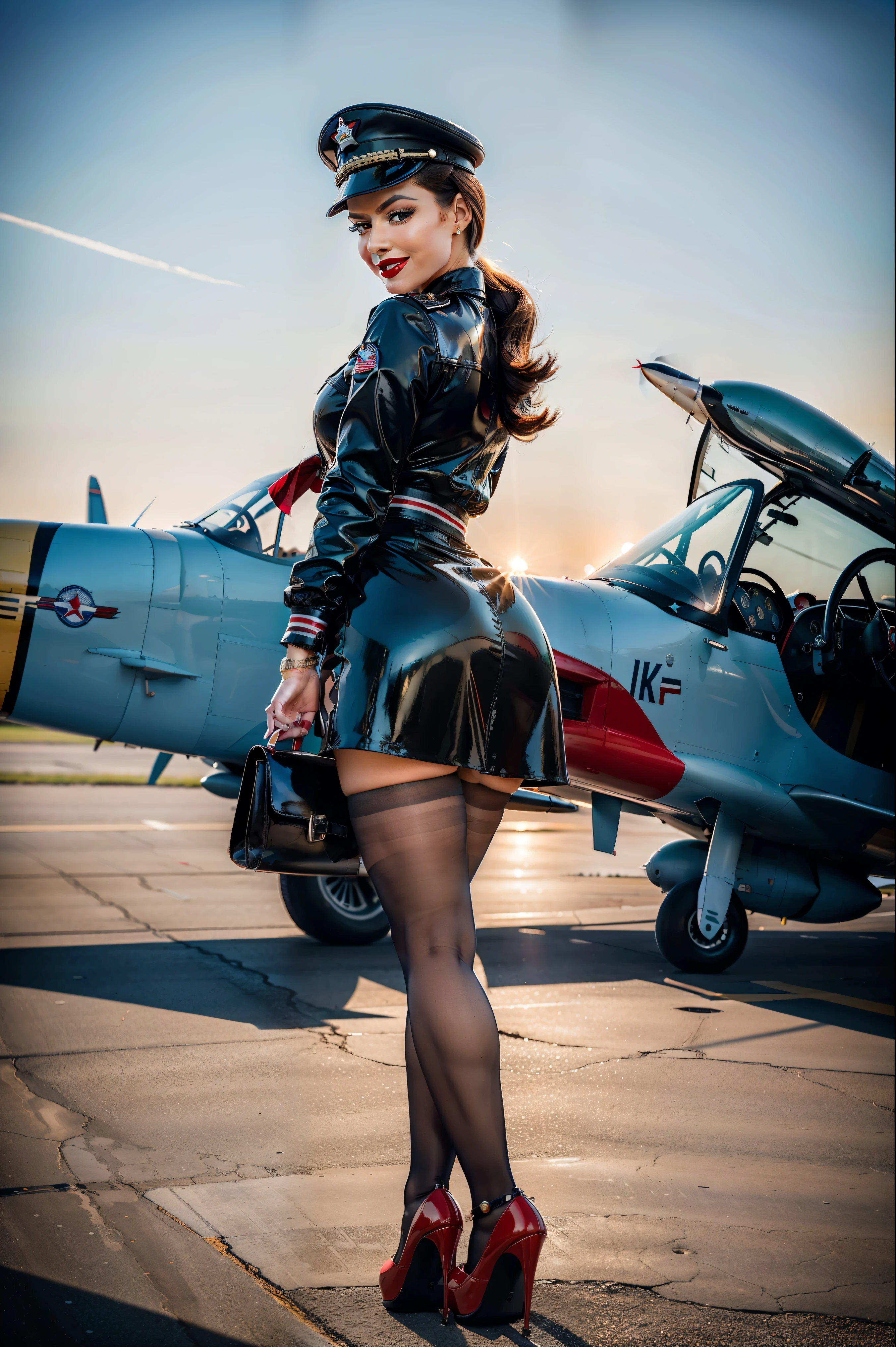 (rearview: 1.2), ((full supermodel body)). Digital illustration of a glamorous young woman from the U.S. Air Force posed in a classic pinup style on an airport tarmac. She’s perched playfully on the wing of a vintage fighter plane, wearing a fitted blue Air Force uniform jacket, unbuttoned to reveal a red polka-dot blouse tied in a knot at the waist, paired with a high-waisted, pleated skirt that flares out flirtatiously. Her legs are showcasing black stockings and shiny red high heels, while a jaunty Air Force cap sits tilted on her head. Her brunette hair is styled in voluptuous victory rolls, and she flashes a coy smile with bold red lipstick, holding a small American flag in one hand. The plane behind her boasts a blue and white striped tail with a red star, gleaming under a golden sunset sky. The mood is cheeky, glamorous, and timeless, dripping with 1940s pinup charm.