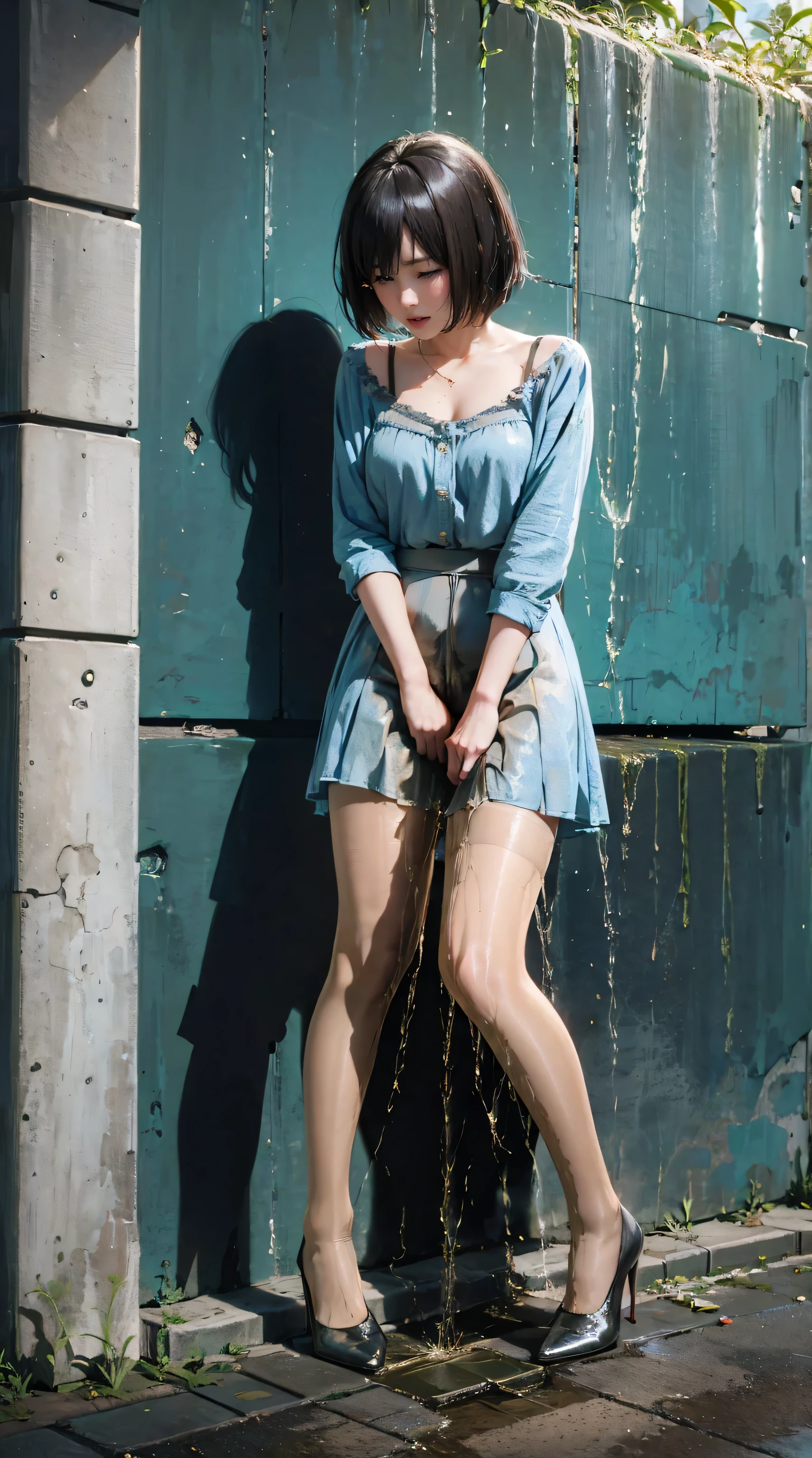 (urination:1.4),(is embarrassing:1.2) tall adult women ,excellent style,lingerie, garter belt,Bra, sexy pin heels , high heels, pantyhose, bob cut the blue cloth, pees herself, Wetting clothes, Face of pee I can't stand , The desperation to pee myself , urination imminent pose , her body can't hold urine 、peed out of desperation in the middle of the city, it's a woman who pees and puts her legs down, stand up, Hyper Pee Desperate Face , big puddle of pee