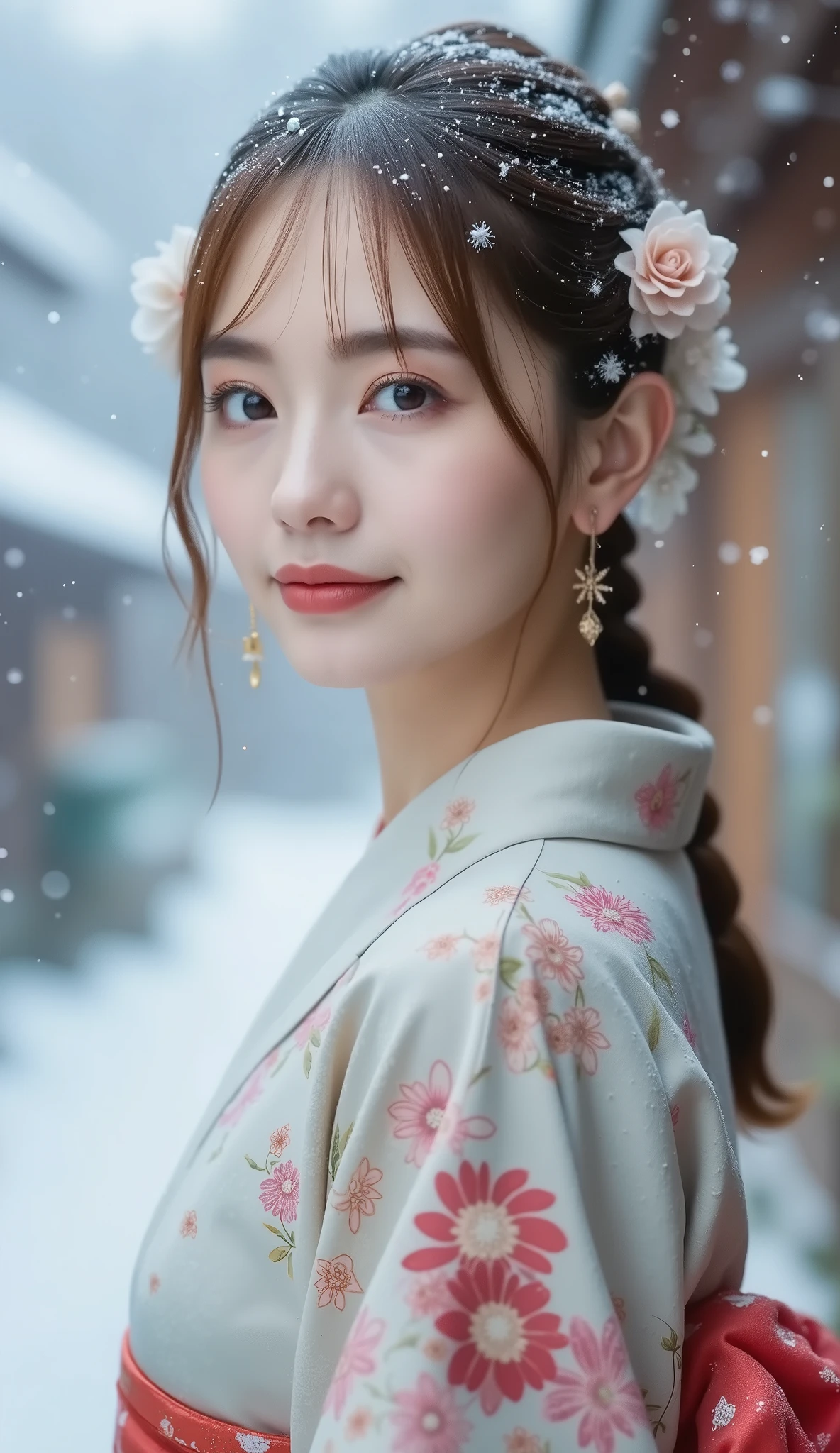 ( kimono)、fantasy landscape、(Top Quality,masterpiece:1.3,super A high resolution,),(very detailed,caustics),(Photoreal:1.4,RAW shooting), cowboyshot, super realistic capture,very well detailed, Woman in One、solo、 High Resolution 16K 、 has a natural skin texture、、 has an even skin tone and looks healthy、 natural lightと色を使う,one woman,Japanese,,cute,黒hair, Make Middle Hair,(written border depth、 Color Difference、、Wide lighting range、natural shade、)、、(It's snowing:1.3)、(hair:1.3)、( snow reflects light :1.3)、natural light、Beautiful Scenery