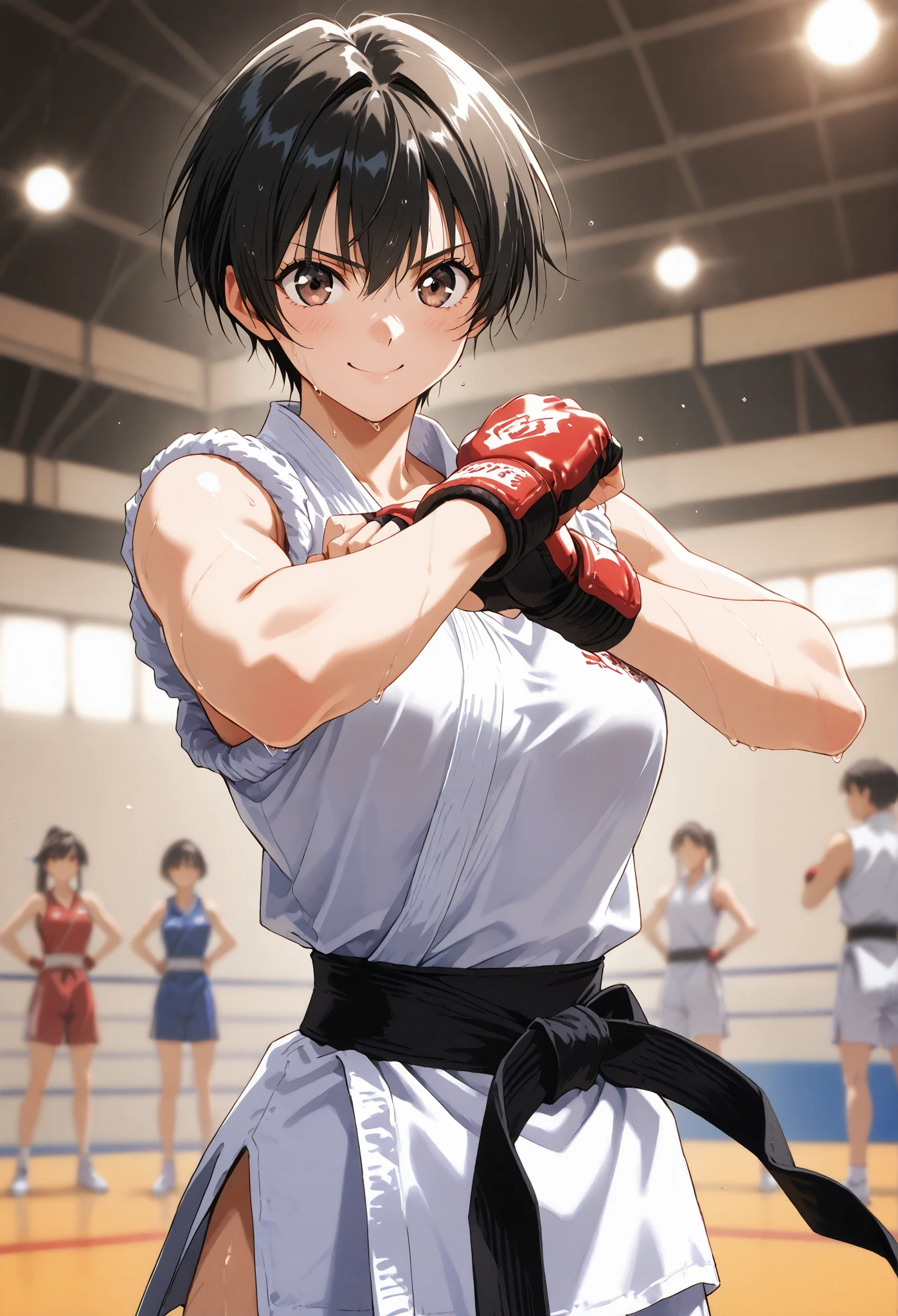 Very Short Hair、、(Judo)、black hair、 Black Belt、BOXING RING、Resist、、、A beautiful high school student and 、、masterpiece,、Martial Arts Ring、Stadium、 lots of people、best quality, ,Arm Lock, perfect body, , fingerless gloves , , Shiny Skin, Steamy sweat, depth of field, inside a mixed Martial Arts Ring, lots of female spectators, motion line, speedline、Fighting Pose、smile