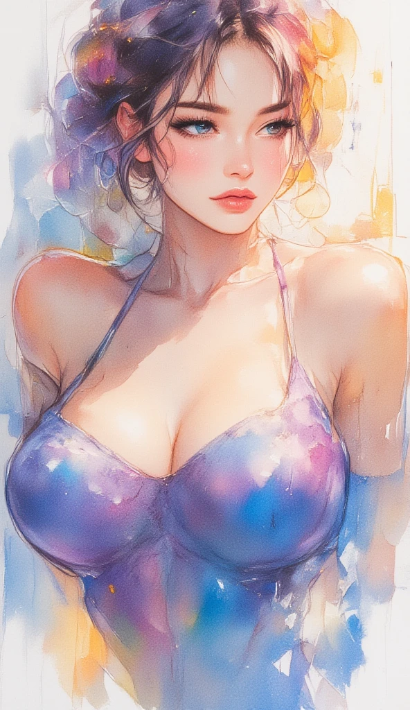 8K, masterpiece, highest quality, ((watercolor painting)), (colorful watercolor painting), dynamic pose, beautiful woman with long hair, smile: 1.5, sophisticated woman, beautiful Japanese woman, gorgeous Japanese girl, bewitching, sexy, erotic, beautiful face, detailed face, perfect proportions, huge breasts, slim waist, navel, crotch gap, thighs, dynamic pose, cute actress, cute face of girl, female actress, slim, watercolor painting, beautiful paint smudge,