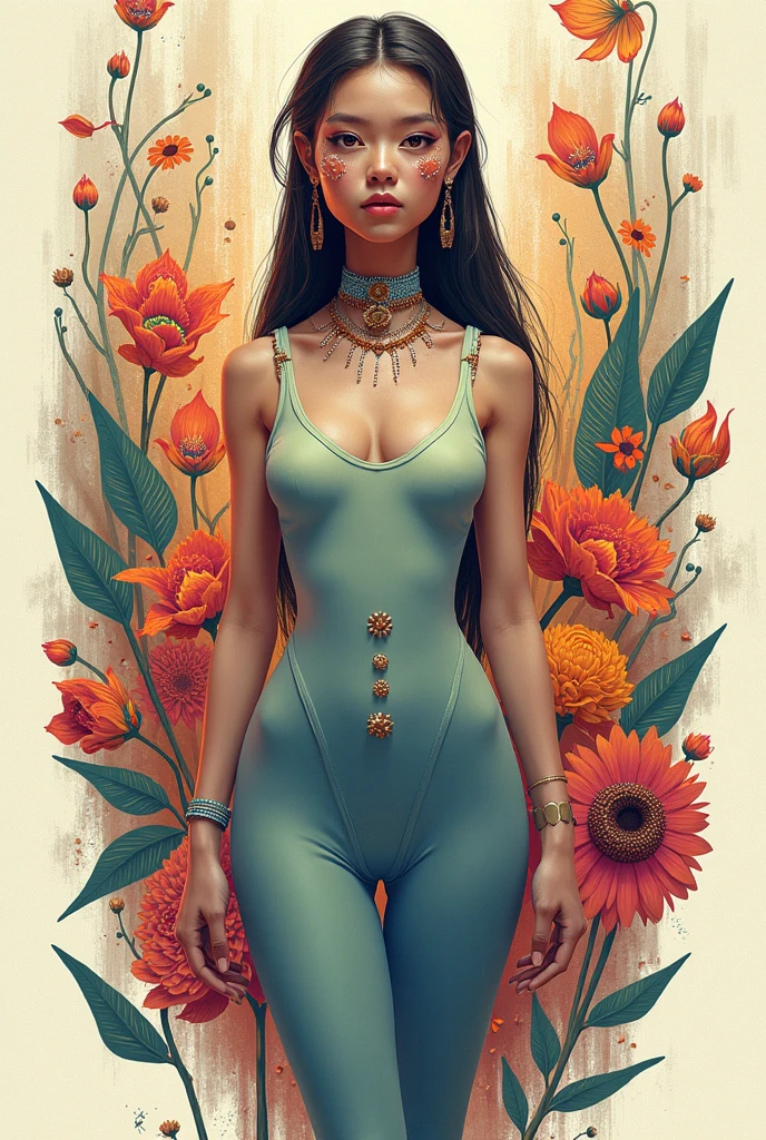 Green: 1.5, Orange: 1.1, White: 1.3, Yellow: 1.3, (Dark-skinned woman), Sexy, Tattoos, (power puffer clothes: 1.2), Gorgeous white and red prom dresses,Flowers, Leaves, Mist, Lines, background circles