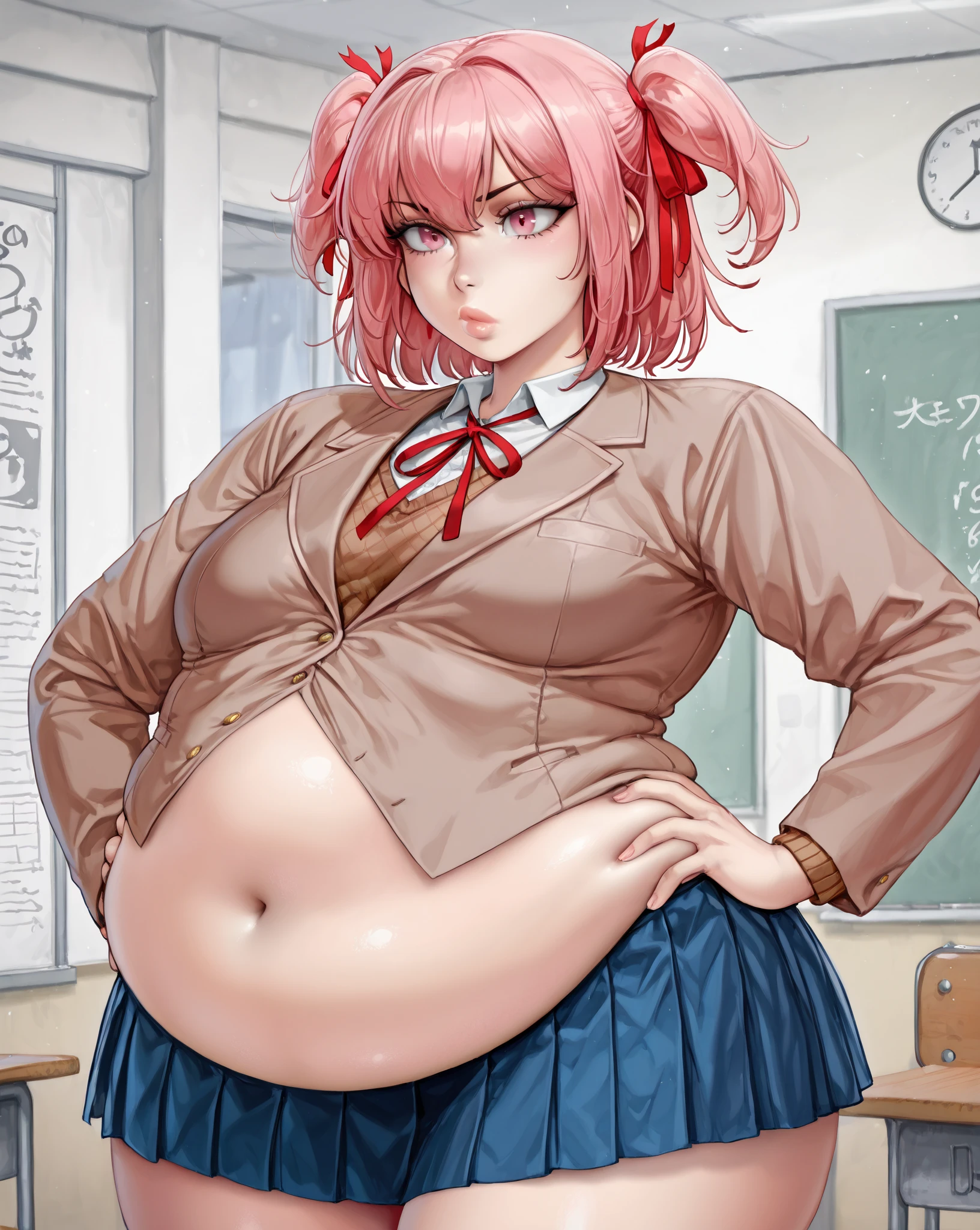 (masterpiece, best quality, highres, absurdres), 1girl, big belly, chubby arms, thighs, art by kipteitei, takebadef, uniform, pink cardigan, bow, skirt, choker, earrings, chubby, embarrassed, flushed, sitting down with legs together, poking belly, tight shirt